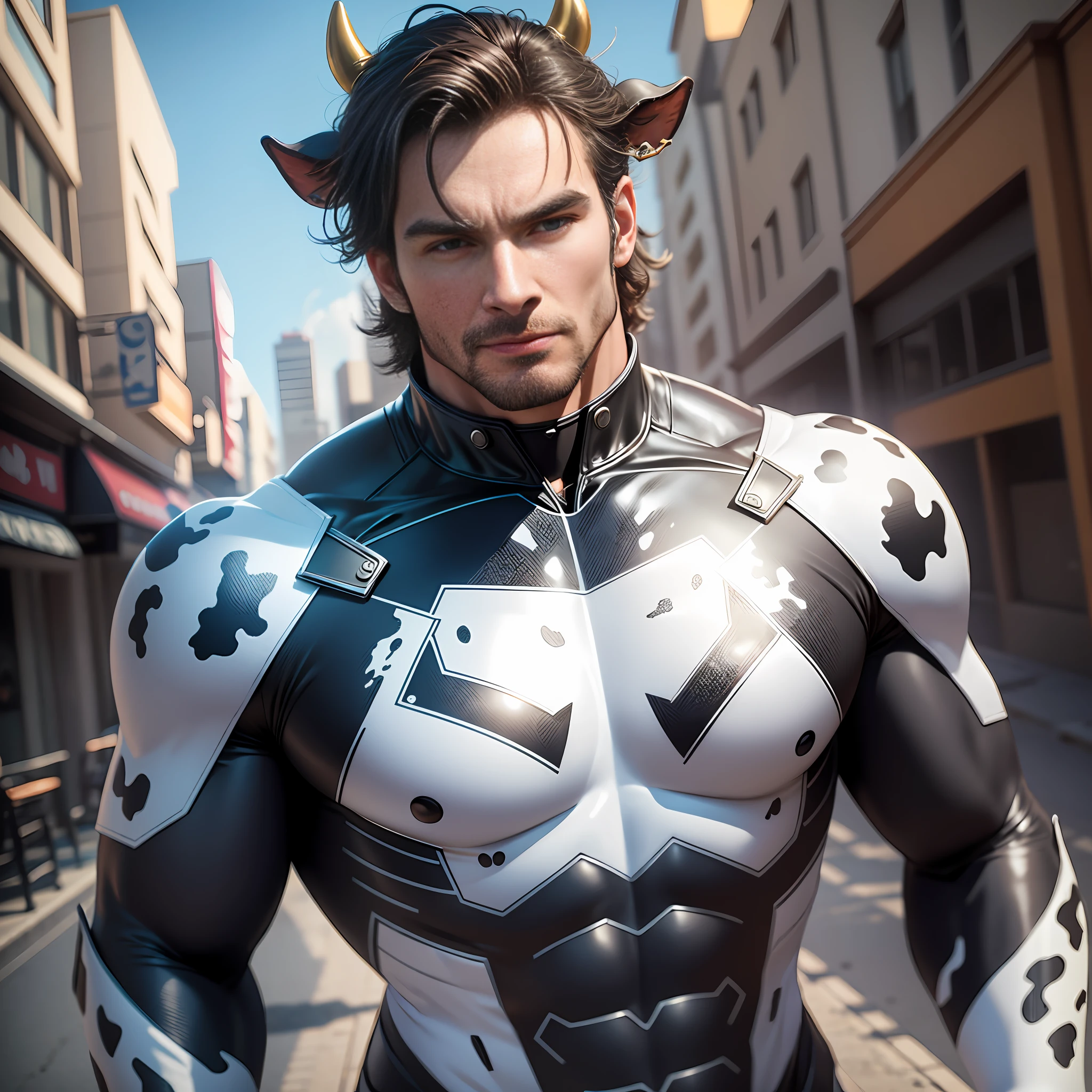 Although a very handsome man, his whole body is realistic, Superhero Cow Man Action Cow 3DLogo Amazing Movie Highly Detailed Detailed Face Detailed Suit Cgi 8k High Resolution --auto --s2