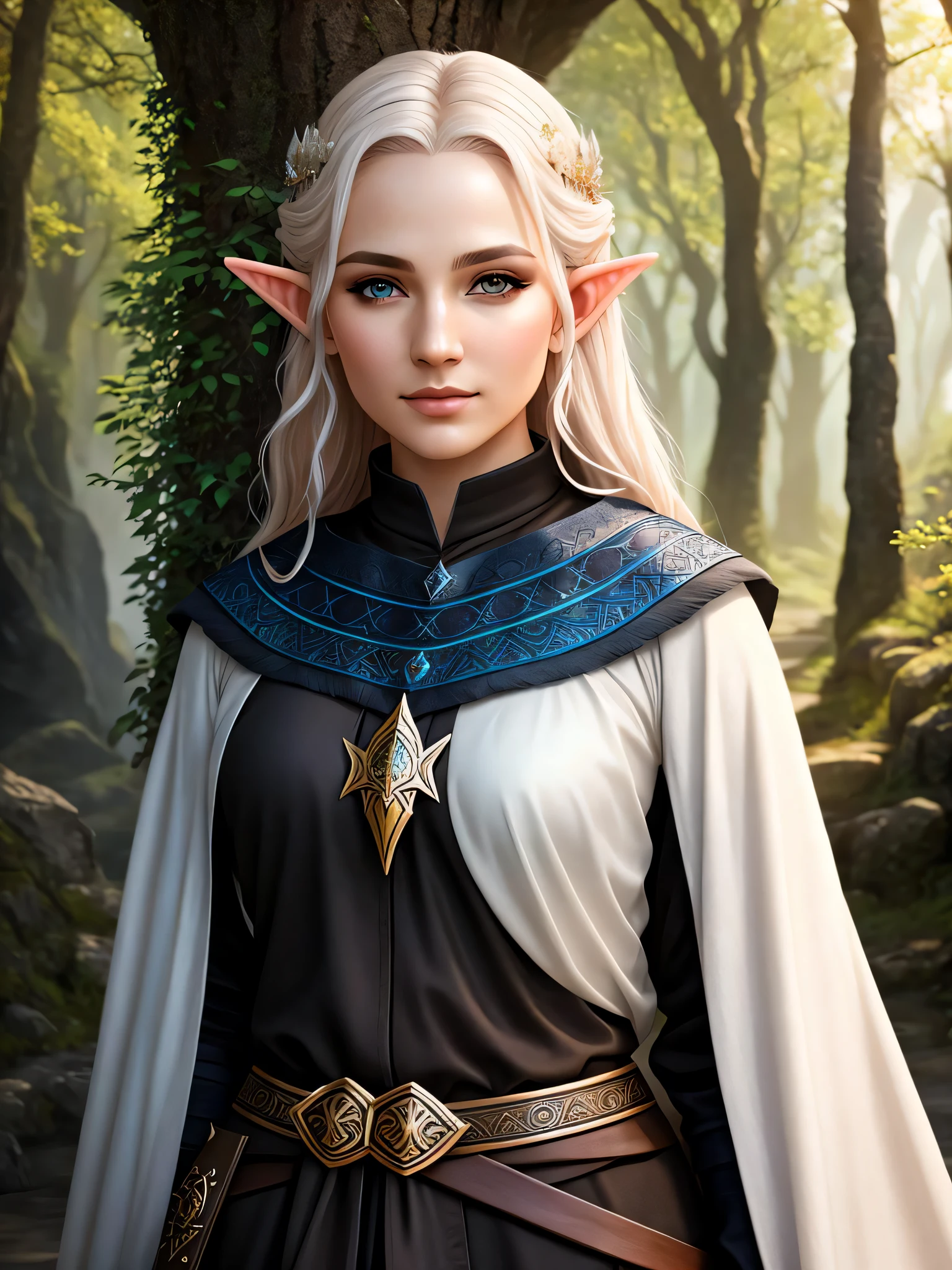 8k, ultra quality, hyperrealistic, photo, fantasy, elvish sorcerer portrait, detailed, detailed skin, detailed face, daylight, bright, sunlight, outdoor, dnd