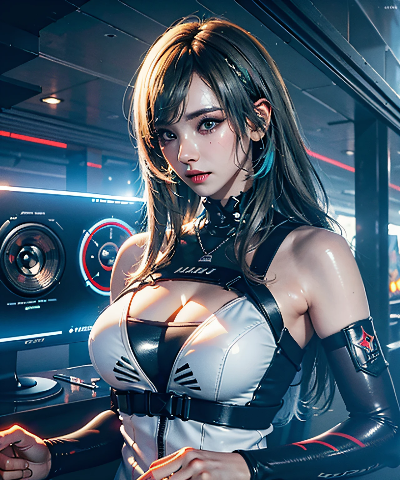 ((Best quality)), ((masterpiece)), (highly detailed:1.3), 3D, beautiful (cyberpunk:1.3) female hacker with thick voluminous hair operating a computer terminal, computer servers, LCD screens, fibre optic cables, corporate logos,HDR (High Dynamic Range),Ray Tracing,NVIDIA RTX,Super-Resolution,Unreal 5,Subsurface scattering,PBR Texturing,Post-processing,Anisotropic Filtering,Depth-of-field,Maximum clarity and sharpness,Multi-layered textures,Albedo and Specular maps,Surface shading,Accurate simulation of light-material interaction,Perfect proportions,Octane Render,Two-tone lighting,Low ISO,White balance,Rule of thirds,Wide aperature,8K RAW,Efficient Sub-Pixel,sub-pixel convolution,luminescent particles,