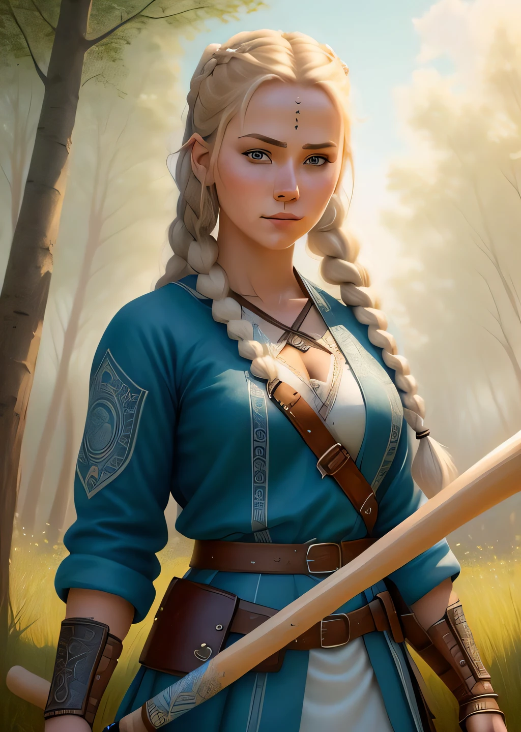 a digital painting of a woman holding a baseball bat, teenage viking shieldmaiden, two long braids blue, illustration - n 9, by Konstantin Vasilyev, avatar with a blond hair, battleground background, humanoid flora, archers, art in the style of disney, orc, (intricate details:1.12), hdr, (intricate details, hyperdetailed:1.15), (natural skin texture, hyperrealism, soft light, sharp:1.2)