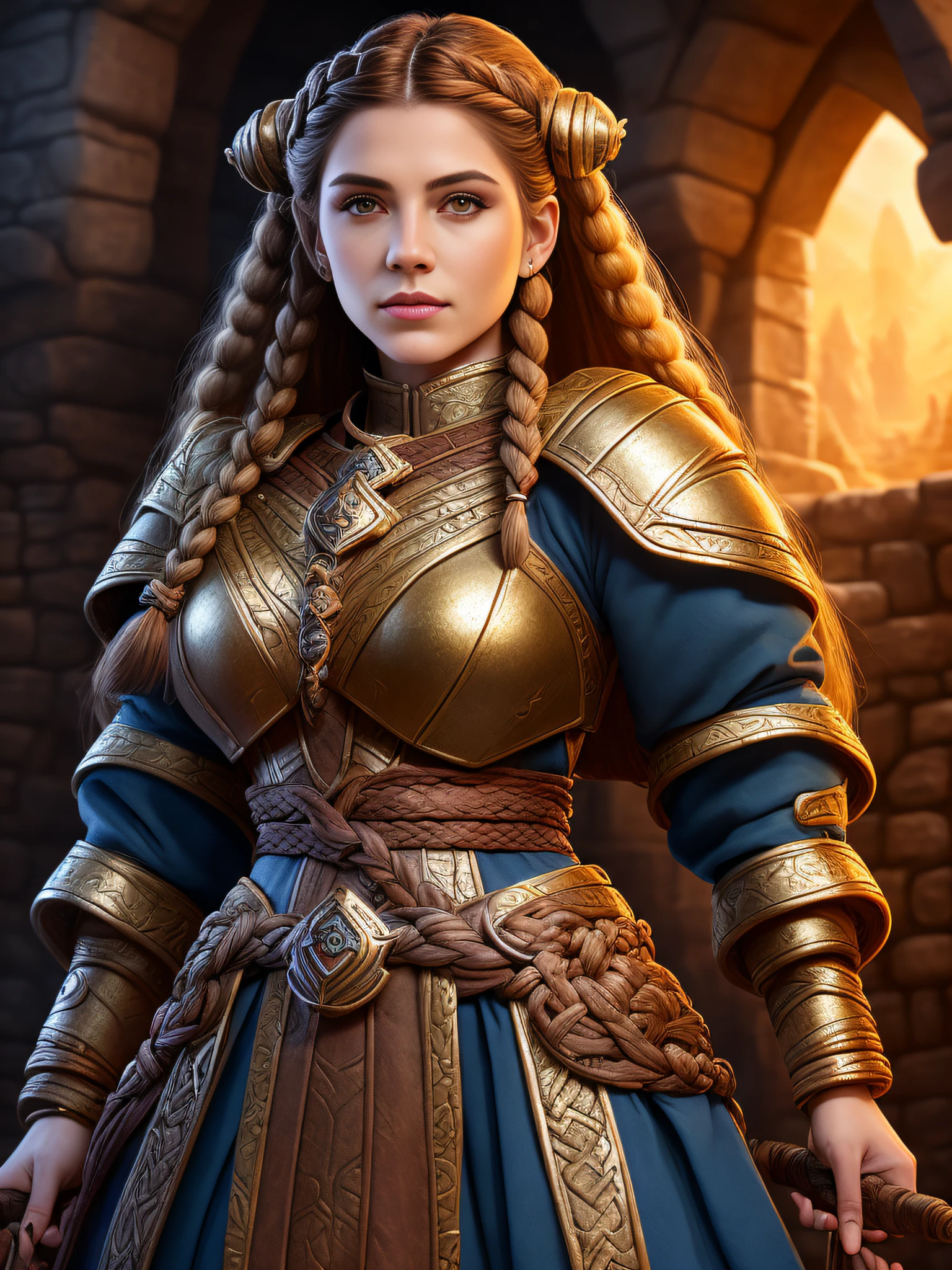 award winning digital art of a dwarven cleric woman, braided hair, fully clothed, in a fantasy village, d&d, masterpiece, best quality, high contrast, soft lighting, backlighting, bloom, light sparkles, chromatic aberration, smooth, sharp focus