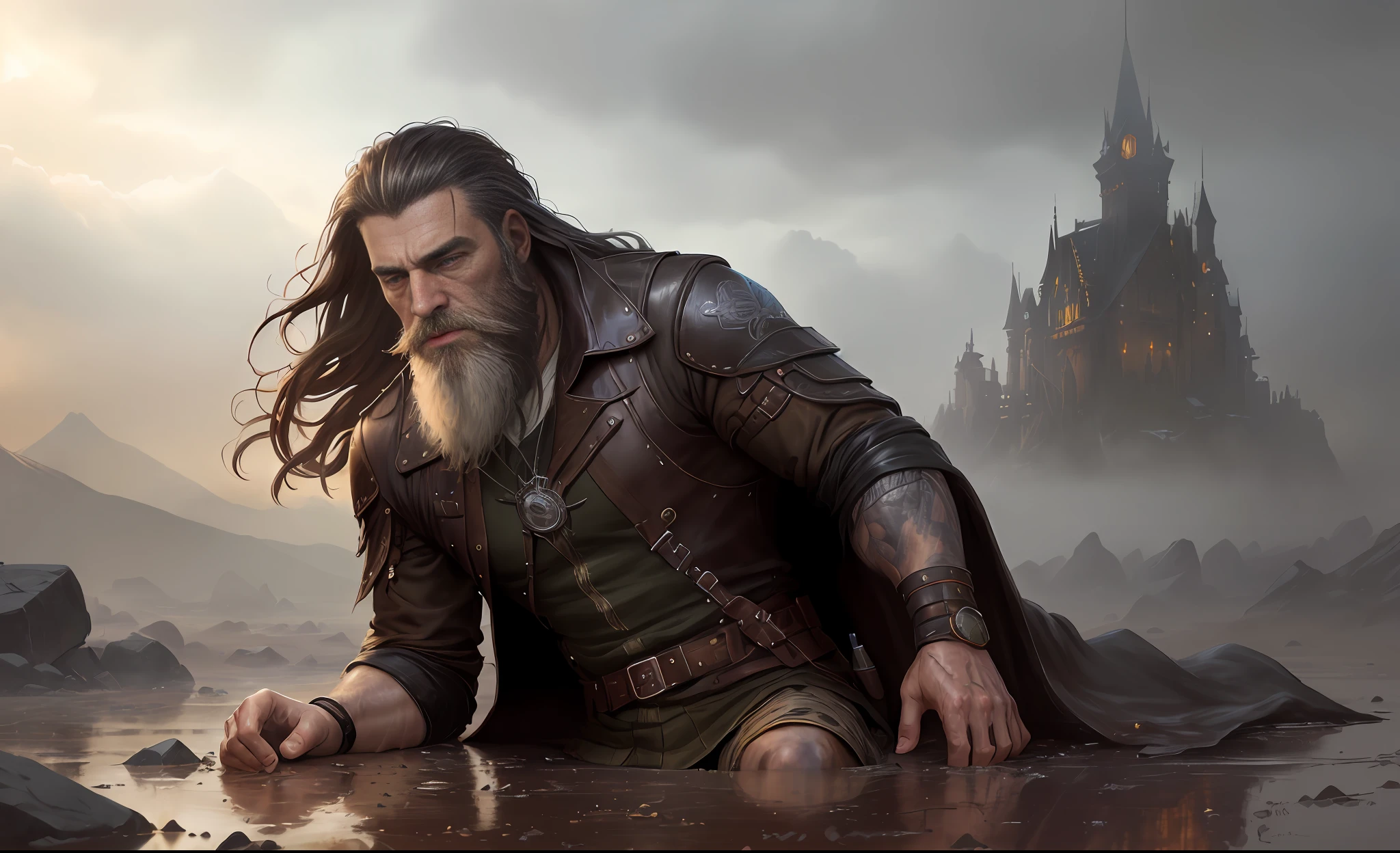 photo of the most beautiful artwork in the world featuring a bearded man appearing to be 45 years old, ((epic fantasy, skinny, skinny, wet, wounded hero, desolate look with long hair and long beard and sad appearance in a dynamic posture dying on the ground, fantastic location, majestic cluttered environment)), full body 8k unit rendering, action photo, skin pores, very dark lighting, heavy shadows, detailed and detailed face, (vibrant, realistic photo, realistic, dramatic, dark, sharp focus, 8k), (weather-damaged old and worn leather clothing: 1.4), (intricate: 1.4), decadent, (highly detailed: 1.4), digital painting, octane rendering, artstation, concept art, smooth, sharp focus, illustration, artgerm art, (loish: 0.23), wlop ilya kuvshinov, and Greg Rutkowski and Alphonse Mucha Gracias, (global lighting, gloomy environment, volumetric light), heavy rain, floating particles