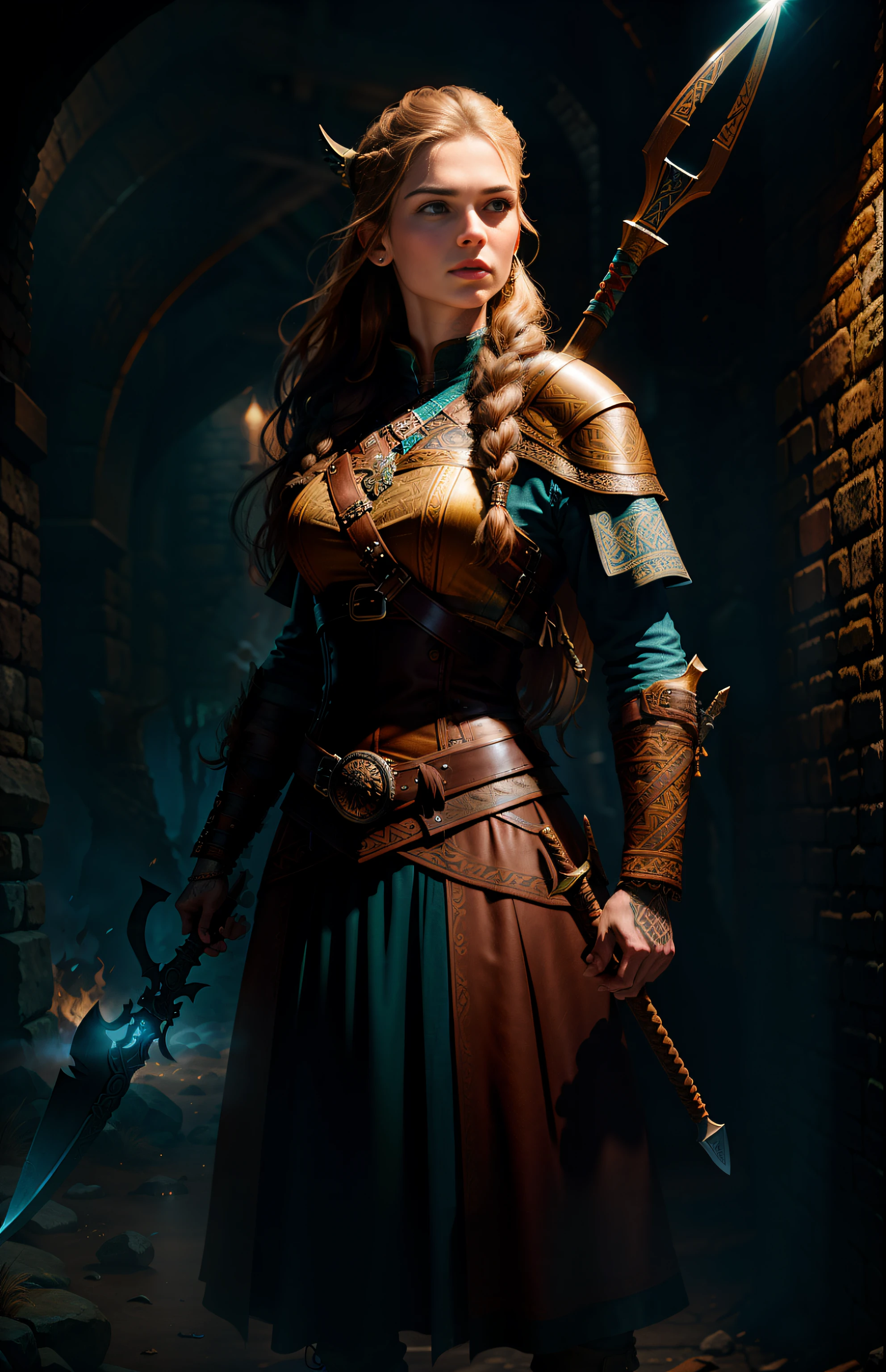 Movie poster, female viking warrior with viking style tattoo, long brown hair, delicate face, holding a viking tomahawk, leather outfit, rich details, intricate details, volumetric light, 4K rendering, hyper realistic, realistic texture,
