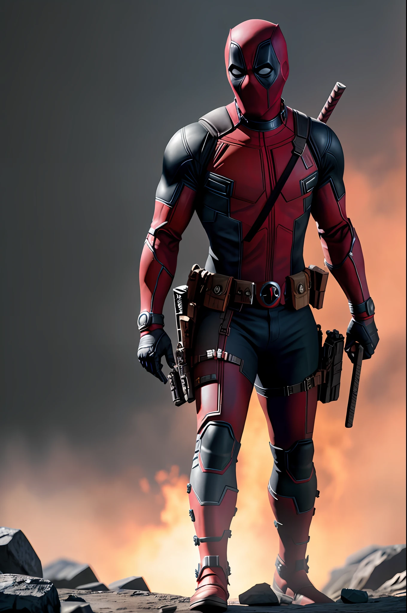 (8k, RAW photo, best quality, masterpiece:1.2), ultra detailed, official art, photo-realistic:1.37, upper body shot, marvel deadpool, film grain, action pose