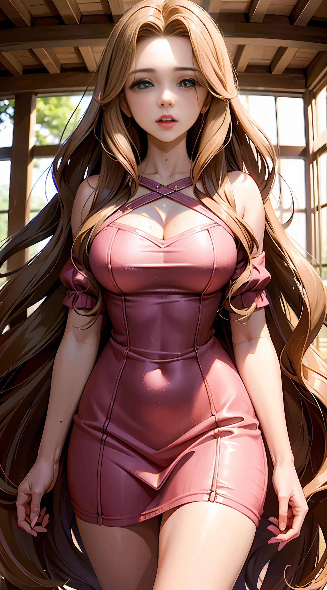 RAW, beautiful woman, (long brown, wavy hair), sexy figure, (masterpiece) (perfect proportion)(realistic photo)(best quality) (detailed) (8k) (HDR) (wallpaper) (cinematic lighting) (sharp focus) (intricate) aerith Gainsborough,  pink dress, red denim crop jacket