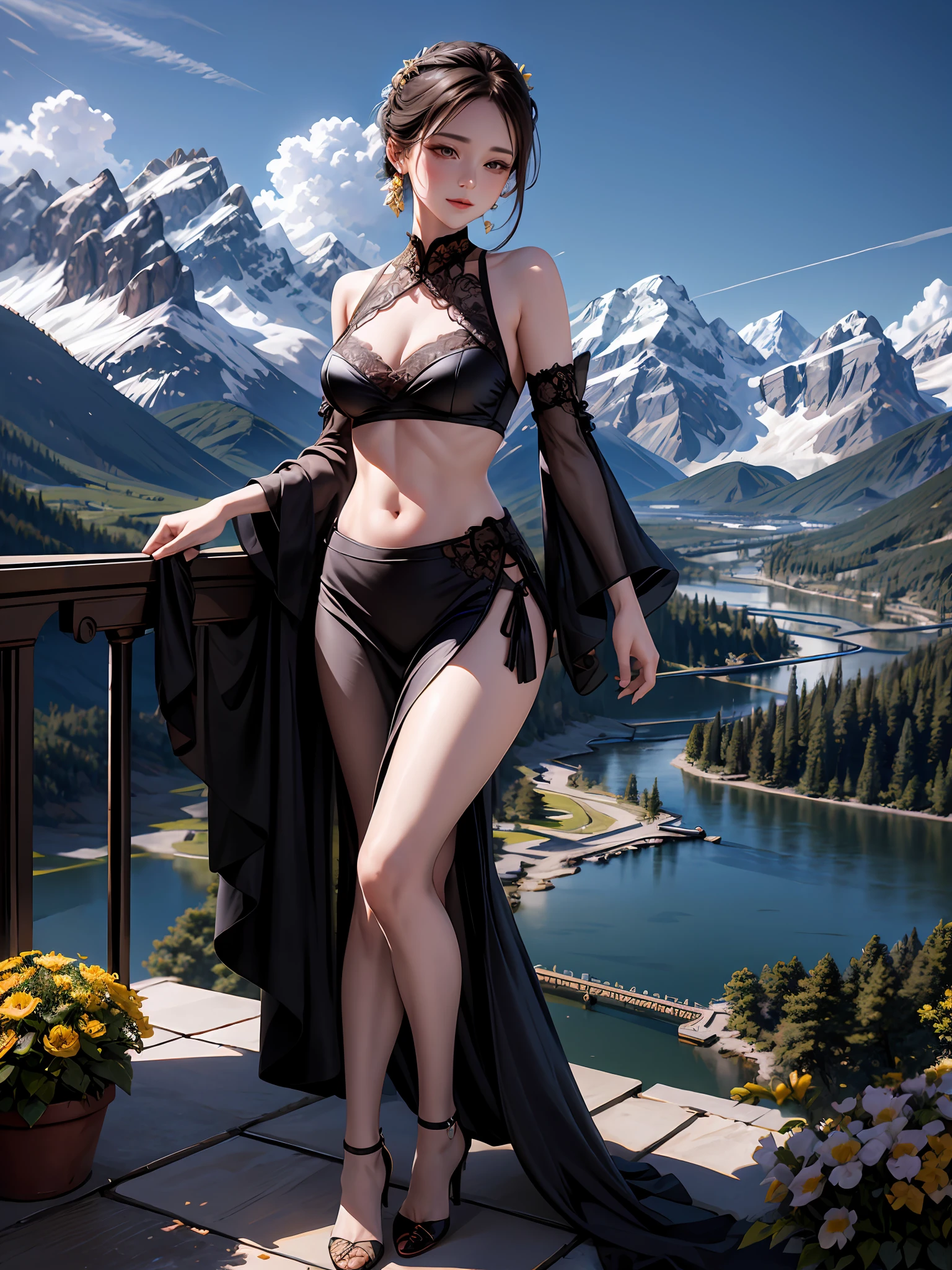 Elegant woman standing on balcony overlooking mountains in floral hip skirt, delicate face, double eyelids, wearing earrings, depth of field, blurred background, Gaussian blur, mountain background, showing unique and attractive gestures, abs, central symmetry, ((Helios 44-2 58mm F2)))