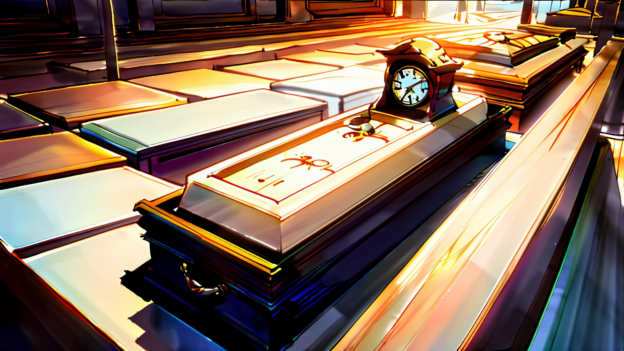 There is a clock sitting on a table in a room, coffin, memory trapped in eternal time, tomb, rendered art, tombs, stylized digital illustration, tombs, funeral, detailed bass. digital painting, digital art rendering, stylized game art, animation style rendering, random background scene, art rendering, stylized concept art