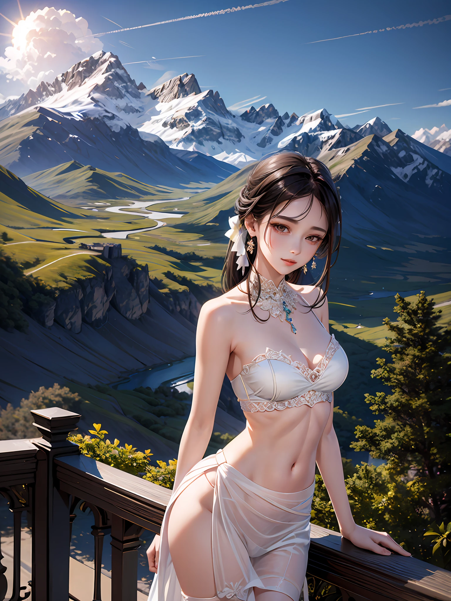 Elegant woman standing on balcony overlooking mountains in floral hip skirt, delicate face, double eyelids, wearing earrings, depth of field, blurred background, Gaussian blur, mountain background, showing unique and attractive gestures, abs, central symmetry, ((Helios 44-2 58mm F2)))