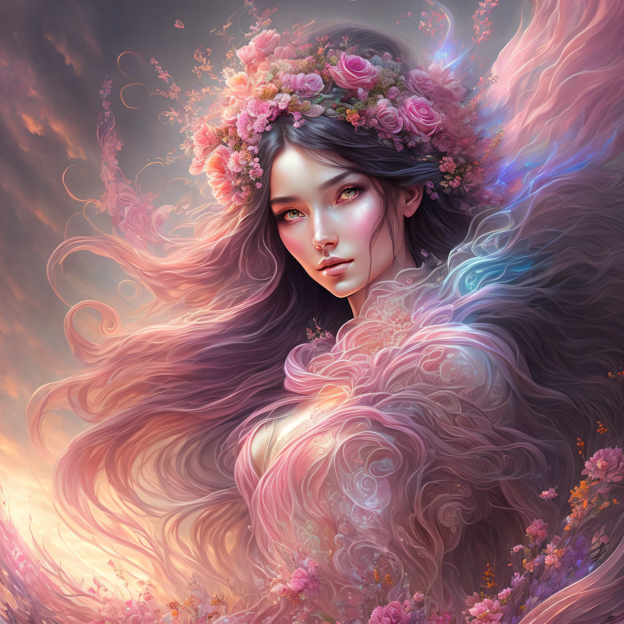 ((best quality)), ((masterpiece)), ((realistic drawing)), ((perfect character)) ethereal sorceress, vibrant sunrise tones, long, wavy dark hair cascading gracefully, arms open welcoming the dawn, adorned in pink long-sleeved dress, mesmerizing Adobe illustration, Zena Holloway's Artstation trend art, HD masterpiece, eye level, scenic,  masterpiece --auto --s2