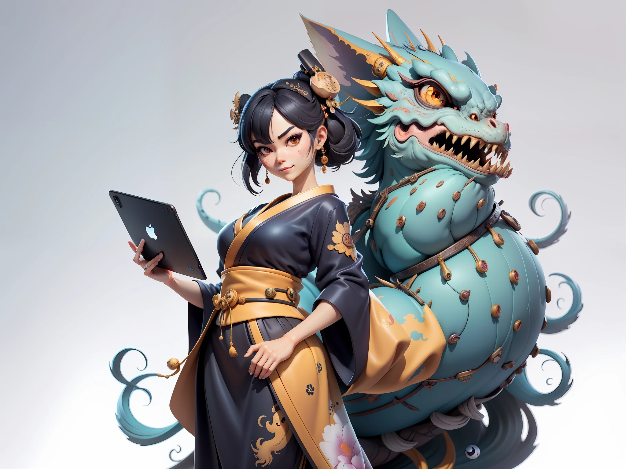 (Masterpiece), (Excellent), (Super Meticulous), (Full Body: 1.2), Super Young Woman, Japanese Female Geisha, Beautiful, Chinese Dragon, Sexy, Bursting, Oriental Face, TV Anchor, Bust Portrait Illustration, Alone, Black Suit, Blue Tie, Slightly Chubby Face, Very Clean Face, No Beard, Black Super Short Hair, Black Eyes, Confident Smile, 3c Computer Sub-Products, iPad, iPhone, Digital Painting, 3D Character Design by Mark Clairedon and Pixar and Hayao Miyazaki, The illustration is a high-definition illustration in 4K resolution with very detailed facial features and cartoon-style visuals.