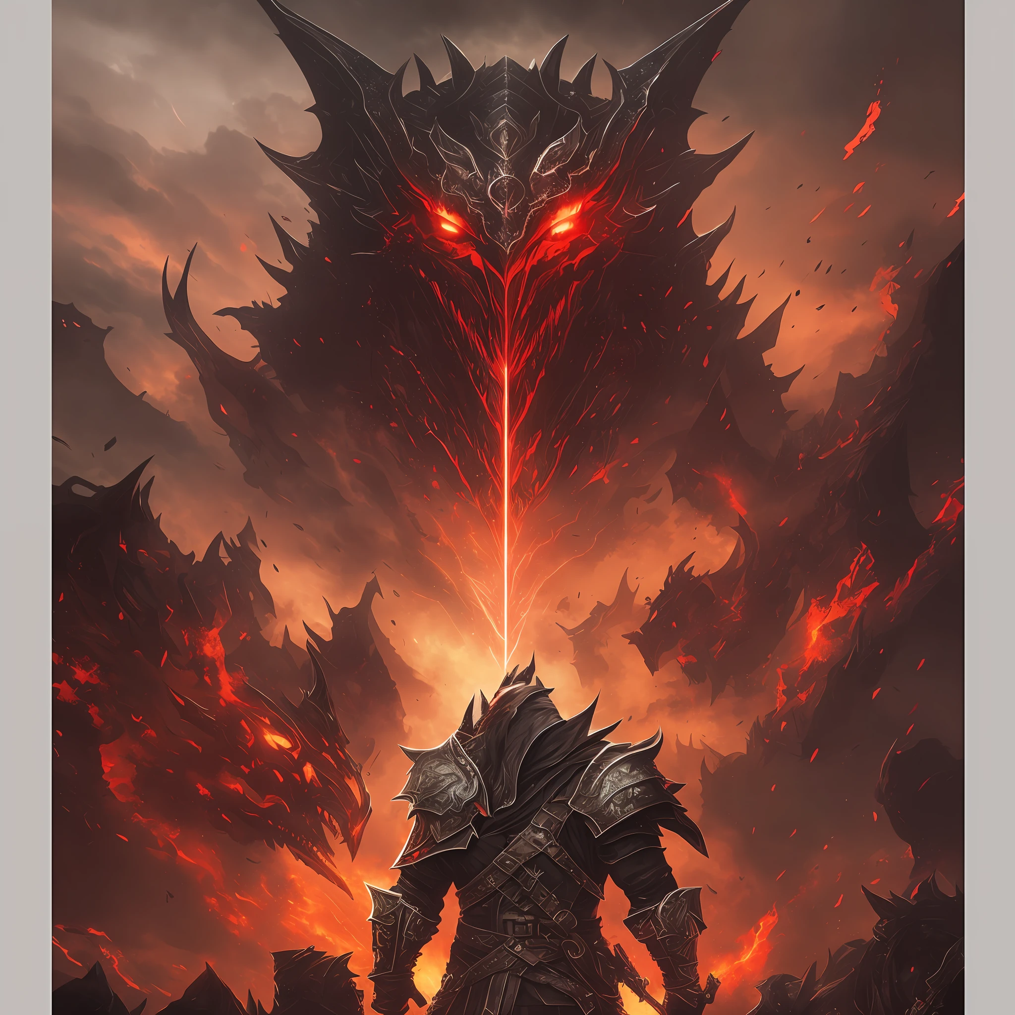 An illustration for an RPG book depicting a battle betwen two armies, (Many Soldiers fighting), Blood Red Sky, Lighting and thunder clouds, 4k Resolution, Grimmdark Art Style inspired by Diablo, Dragon Age and Soulsborne series. --auto --s2