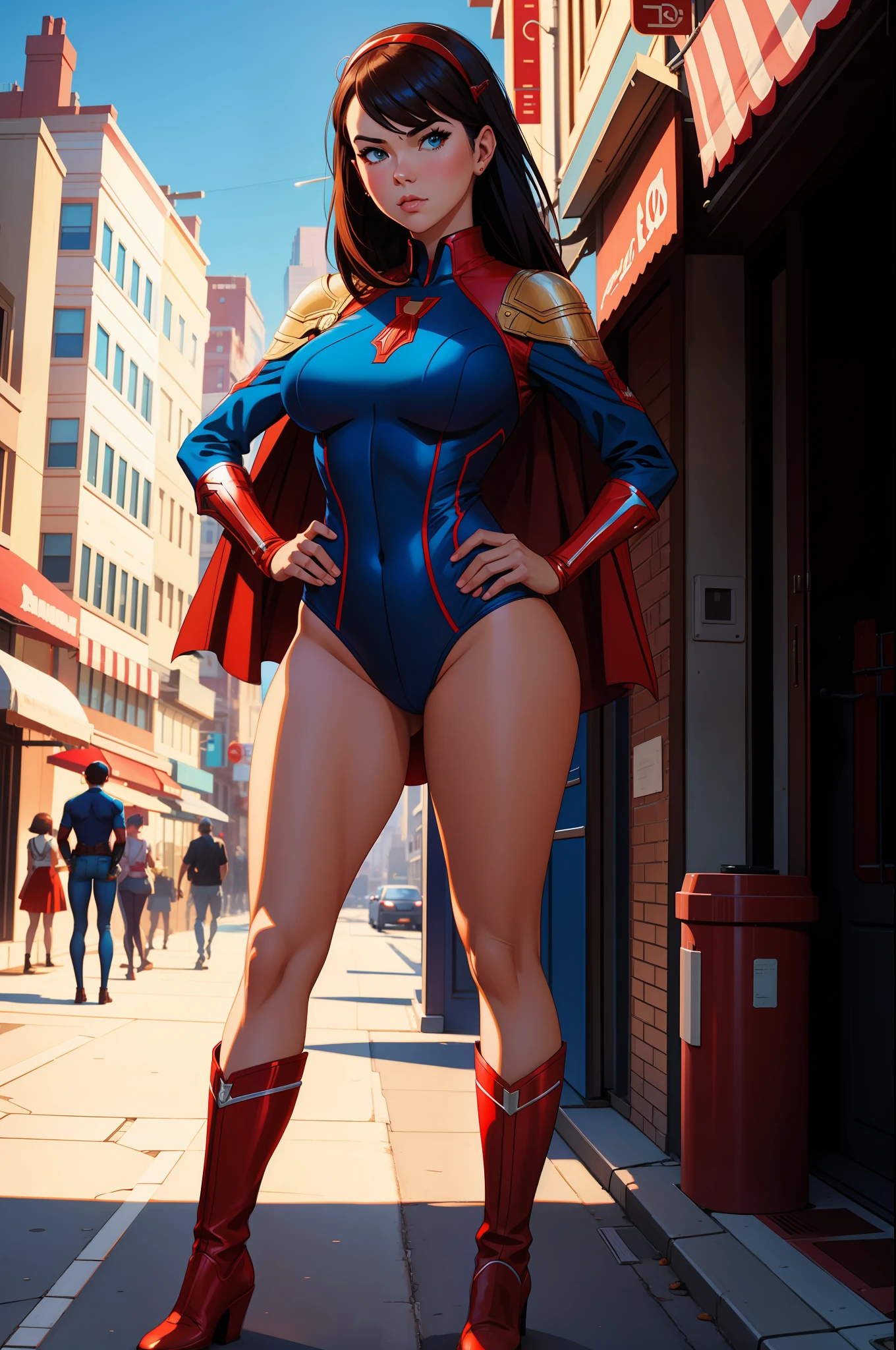 american woman in a red and blue costume posing in front of a city, extremely detailed artgerm, ilya kuvshinov and artgerm, artgerm and atey ghailan, alena aenami and artgerm, style artgerm, artgerm and ilya kuvshinov, aly fell and artgerm, leotard, bare legs, matching boots, standing, hands on hip, superhero