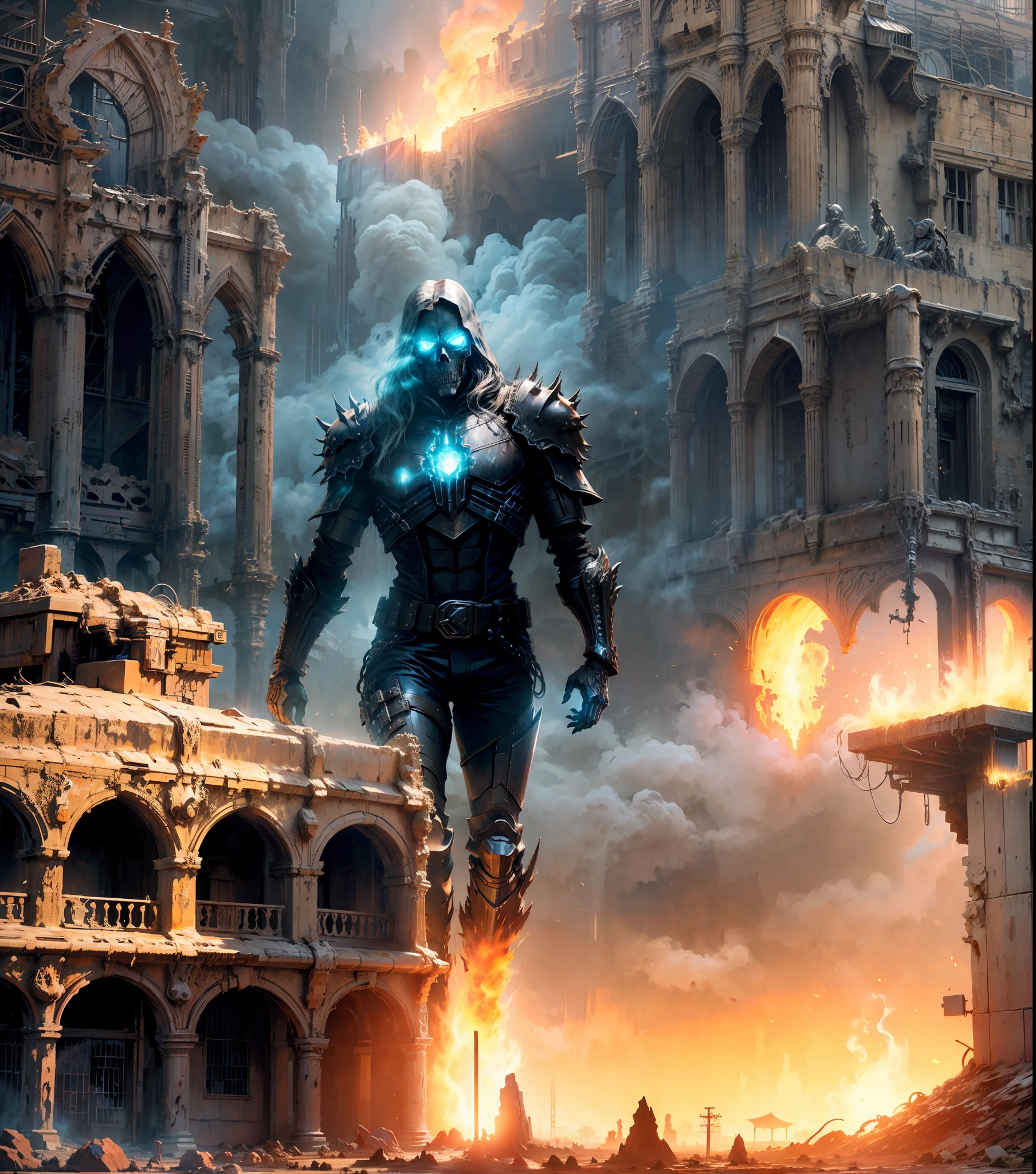 Fantasy realism, apocalyptic ghost rider in a desert ruin, photoshot from below, metal skull, cyber plate armor, (dark atmosphere:1.2), (fog & smoke), (dark night:1.3), scars, (dark medium length disheveled hair:1.1), (eyeshadow:1.1), (beautifully detailed glow:1.2), (Cinematic lighting), intricate detail, highres, sharp focus, smooth, aesthetic, detailed bright desert background,