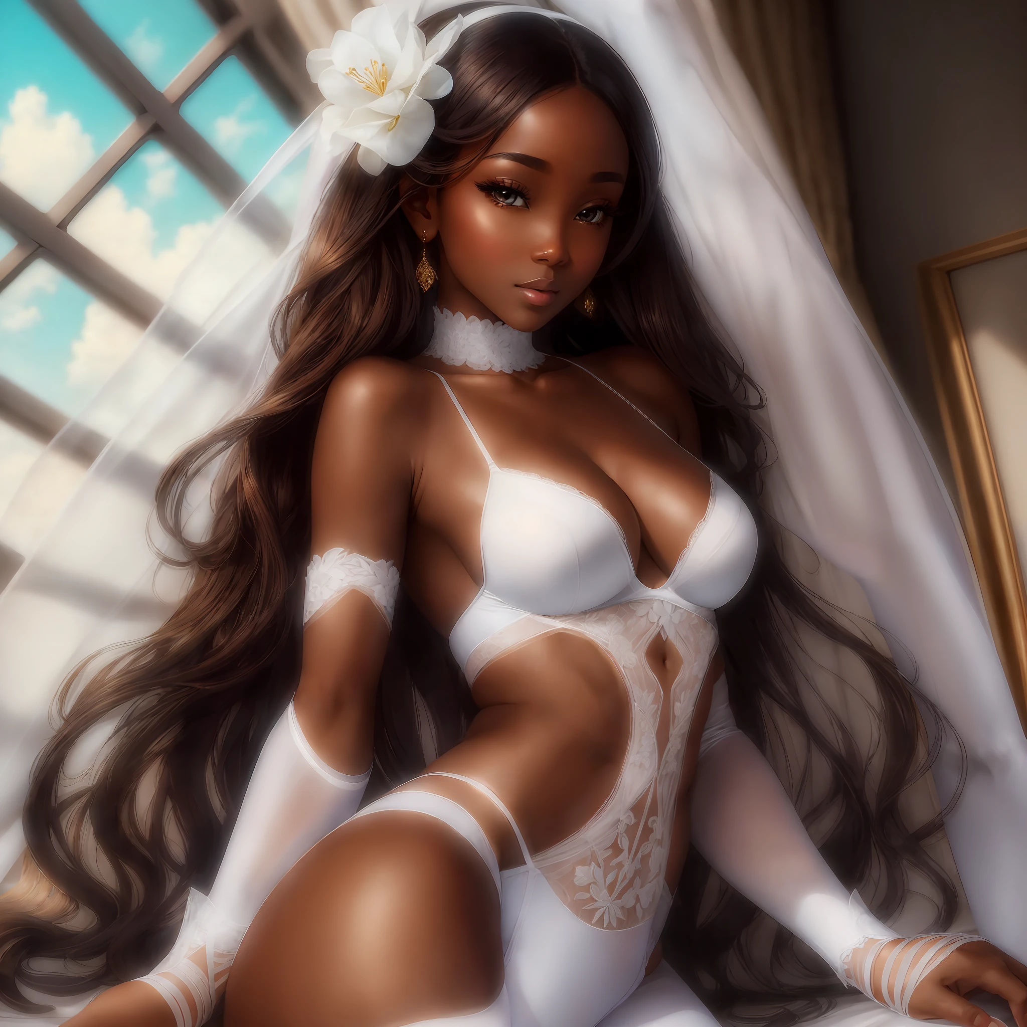 "(Beautiful): A gorgeous woman is posing in white lingerie and long tights. Her skin is rich in melanin and exudes an air of seduction." --auto --s2