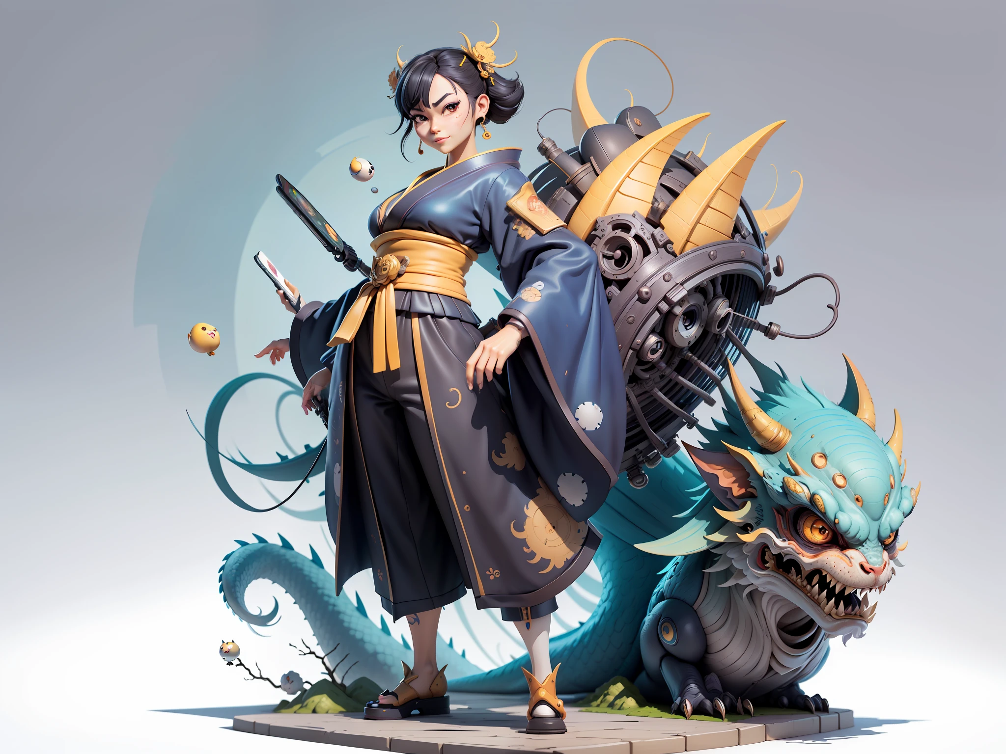 (Masterpiece), (Excellent), (Super Meticulous), (Full Body: 1.2), Super Young Woman, Japanese Female Geisha, Beautiful, Chinese Dragon, Sexy, Bursting, Oriental Face, TV Anchor, Bust Portrait Illustration, Alone, Black Suit, Blue Tie, Slightly Chubby Face, Very Clean Face, No Beard, Black Super Short Hair, Black Eyes, Confident Smile, 3c Computer Sub-Products, iPad, iPhone, Digital Painting, 3D Character Design by Mark Clairedon and Pixar and Hayao Miyazaki, The illustration is a high-definition illustration in 4K resolution with very detailed facial features and cartoon-style visuals.