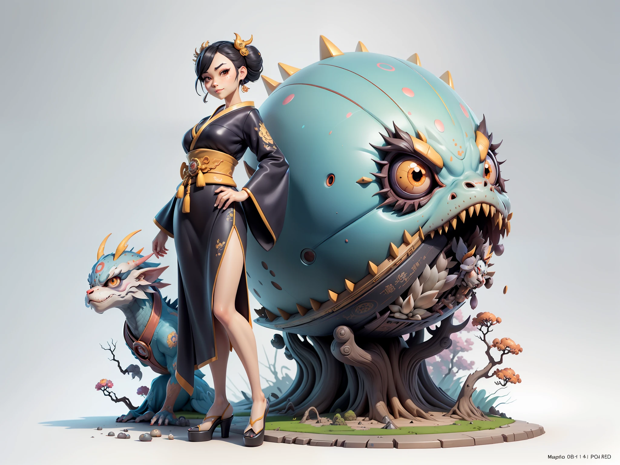(Masterpiece), (Excellent), (Super Meticulous), (Full Body: 1.2), Super Young Woman, Japanese Female Geisha, Beautiful, Chinese Dragon, Sexy, Bursting, Oriental Face, TV Anchor, Bust Portrait Illustration, Alone, Black Suit, Blue Tie, Slightly Chubby Face, Very Clean Face, No Beard, Black Super Short Hair, Black Eyes, Confident Smile, 3c Computer Sub-Products, iPad, iPhone, Digital Painting, 3D Character Design by Mark Clairedon and Pixar and Hayao Miyazaki, The illustration is a high-definition illustration in 4K resolution with very detailed facial features and cartoon-style visuals.