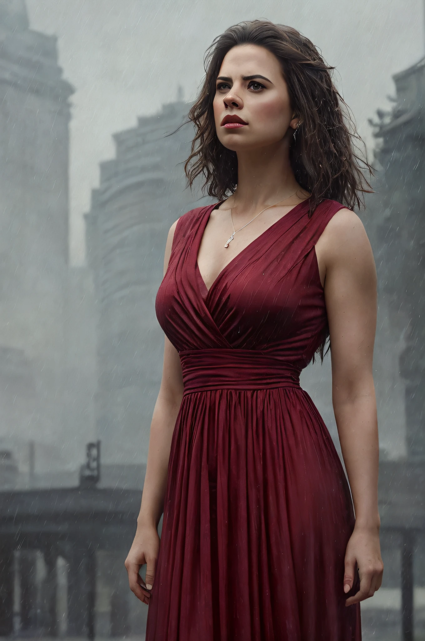 (Thirty year old) woman, standing in the rain, wearing a (long bright red dress:1.2), beautiful legs, (soaked hair:1.2), dreamy photo, dramatic pose, looking straight at camera, intense stare, slight smile, beautiful landscape, misty, andre kohn, Canon, (Detailed features::1.2), real life. Hayley Atwell, intricate, 8k, highly detailed, (extremely detailed CG unity 8k wallpaper), ((square jaw)), (well defined jaw), (downturned lips), (detailed anatomy), Hyperrealistic full shot body image, trending on CGSociety, Intricate, High Detail, Sharp focus, dramatic, volumetric lighting, digital painting, intense, modelshoot style, (extremely detailed CG unity 8k wallpaper), full shot body photo of the most beautiful artwork in the world, pearl skin, professional majestic oil painting by Ed Blinkey, Atey Ghailan, Studio Ghibli, by Jeremy Mann, Greg Manchess, Antonio Moro, trending on ArtStation, photorealistic painting art by midjourney and greg Rutkowski