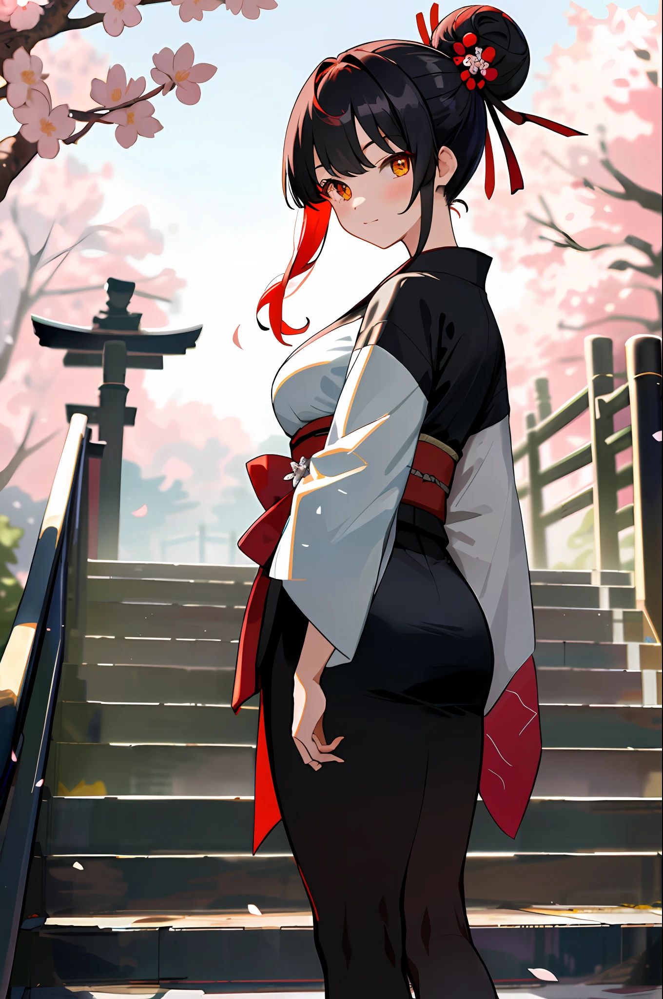 ((masterpiece, best quality)),2girls, black kimono, black legwear, black ribbon, black hair, cherry blossoms, day, flower, hair bun, hair ribbon, japanese clothes, kimono, long hair, looking at viewer, looking back, Various girls, Obi, Outdoor, red eyes, red hair, ribbon, sandals, Single hair bun, stairs, Standing, statue, Torii, tree, white kimono, yellow eyes, thick thighs, big breasts, big ass,