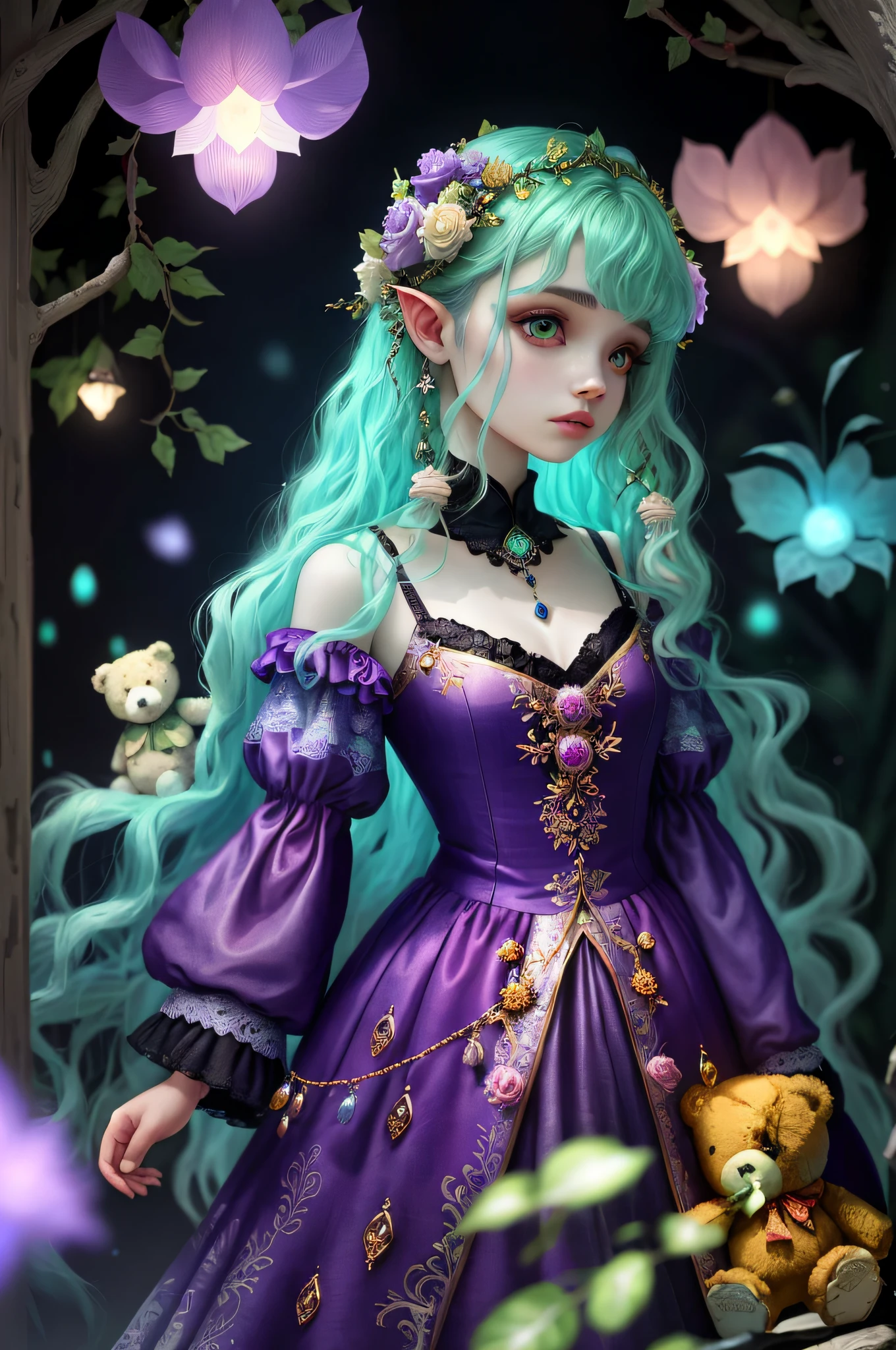 "Luminous Dryad" by Satori Canton🧸, stunningly beautiful model (India Eisley), hyperdetail eyes and face, extreme camera angle, perfect makeup, purple eyes. Art by Anato Finnstark Immersive fantastical scenes filled with glowing elements and bright contrasts that bring out a sense of surrealism and dreamlike quality. Detailed elements blend together creating harmony between nature and man-made objects with an emphasis on magical realism and ethereal environments. by Satori Canton 🧸 signed with a teddy bear in the bottom corner