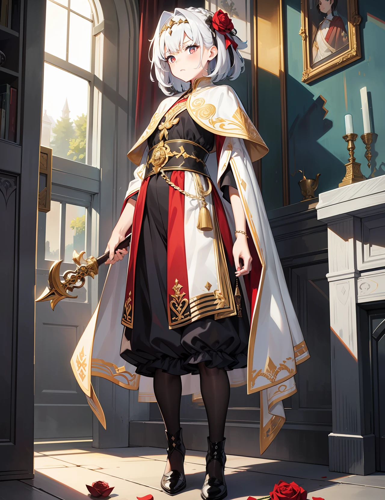 super fine illustration, realistic illustration, high quality, intricate detailed, masterpiece, masterpiece, best quality, Full body shot:1.5, full body shot:1.5,
1girl, solo, 12yo, cute face and eyes, Rose Madder hair, white-streaked hair, short hair, messy hair, cardinal robe, small breasts, white decorative glove, holding decorative wand,
cinematic, angry, style of dark fantasy,