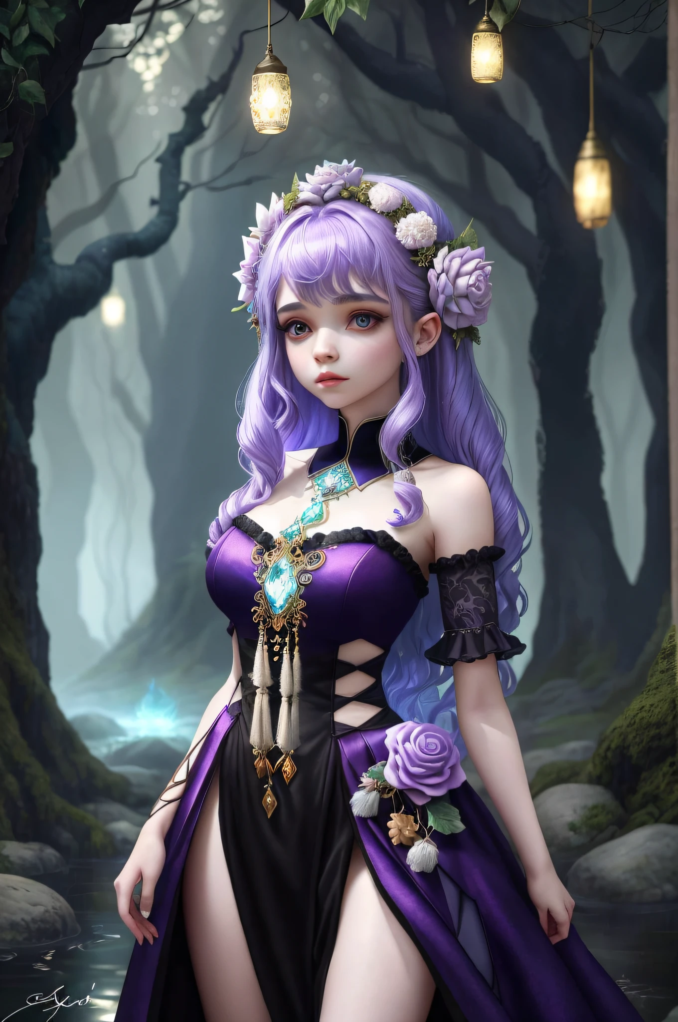 "Luminous Dryad" by Satori Canton🧸, stunningly beautiful model (India Eisley), hyperdetail eyes and face, extreme camera angle, perfect makeup, purple eyes. Art by Anato Finnstark Immersive fantastical scenes filled with glowing elements and bright contrasts that bring out a sense of surrealism and dreamlike quality. Detailed elements blend together creating harmony between nature and man-made objects with an emphasis on magical realism and ethereal environments. by Satori Canton 🧸 signed with a teddy bear in the bottom corner