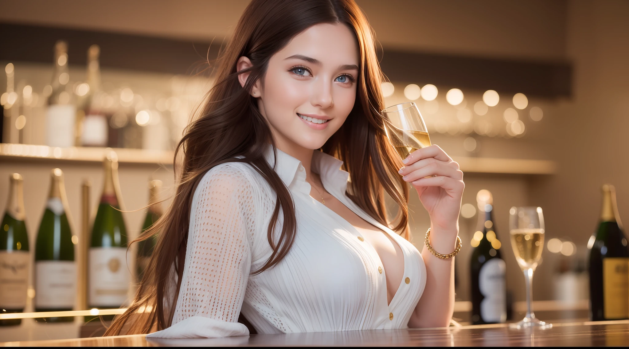 Young woman, long brown hair that falls gently in waves. Big, blue eyes, average height. elegant clothes with touches of creativity and originality, natural skin, clothing details, celebrating, bar, night, with glass of champagne, smiling, happy, showing teeth in smile, 8k texture, highly detailed, realistic, soft cinematic light, HDR, focus sharp, masterpiece, photorealistic, award-winning photography, 35mm,