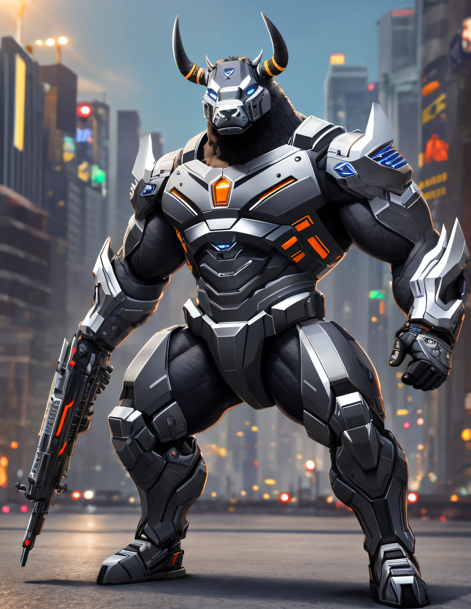 Ultra-detailed, straight, bull furry cyborg, wallpaper 16k, front, full body 3d