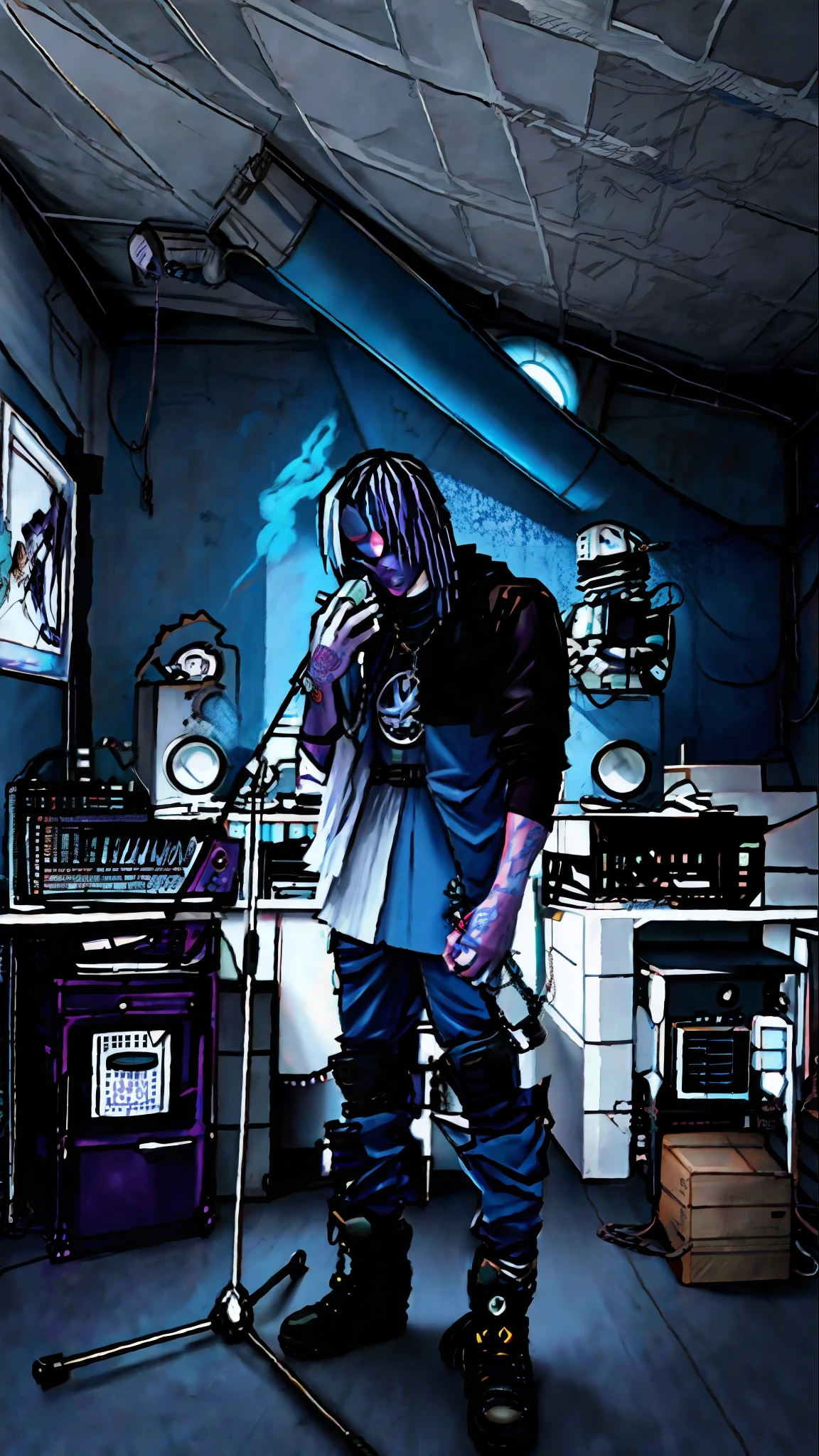there is a man standing in front of a microphone in a room, in his basement studio, rapping into microphone, performing, saturation 40, sicko, photograph taken in 2 0 2 0, chillhop, in a studio, taken in 2 0 2 0, taken on a 2010s camera, nostalgic vibes, studio lit, dimly lit, blue eyes, badass anime, portrait, global illumination, shadows, octane render, 8k, ultra sharp, metal, intricate, ornaments detailed, perfectly drawn, perfect proportions, cold colors, lil peep, lil pump, xxxtentacion, justin bieber, marshal maters, highly intricate details, realistic light, trending on cgsociety, glowing eyes, facing camera, sicko, trending, ashy, photo from a promo shoot, end of an era, official artwork, promo image, dark walls, steampunk, punk, trapstar, album cover, white man, blue eyes, chains, rings, holding a microphone, lil peep, masked, shinobi, alternate album cover, album cover!, xxxtentacion, album art cover, album art, new album cover, yung lean, music album cover, album cover, rap album cover, colored album art, hardops, arca album cover, an album cover, album artwork, sicko, trending, anime artsyle, dark, darkness, shadows, perfect proportions, beautiful eyes, beautiful face, amazing, masterpiece, high resolution, 8k, 3d, shadows, lights, purple shades, perfectly drawn