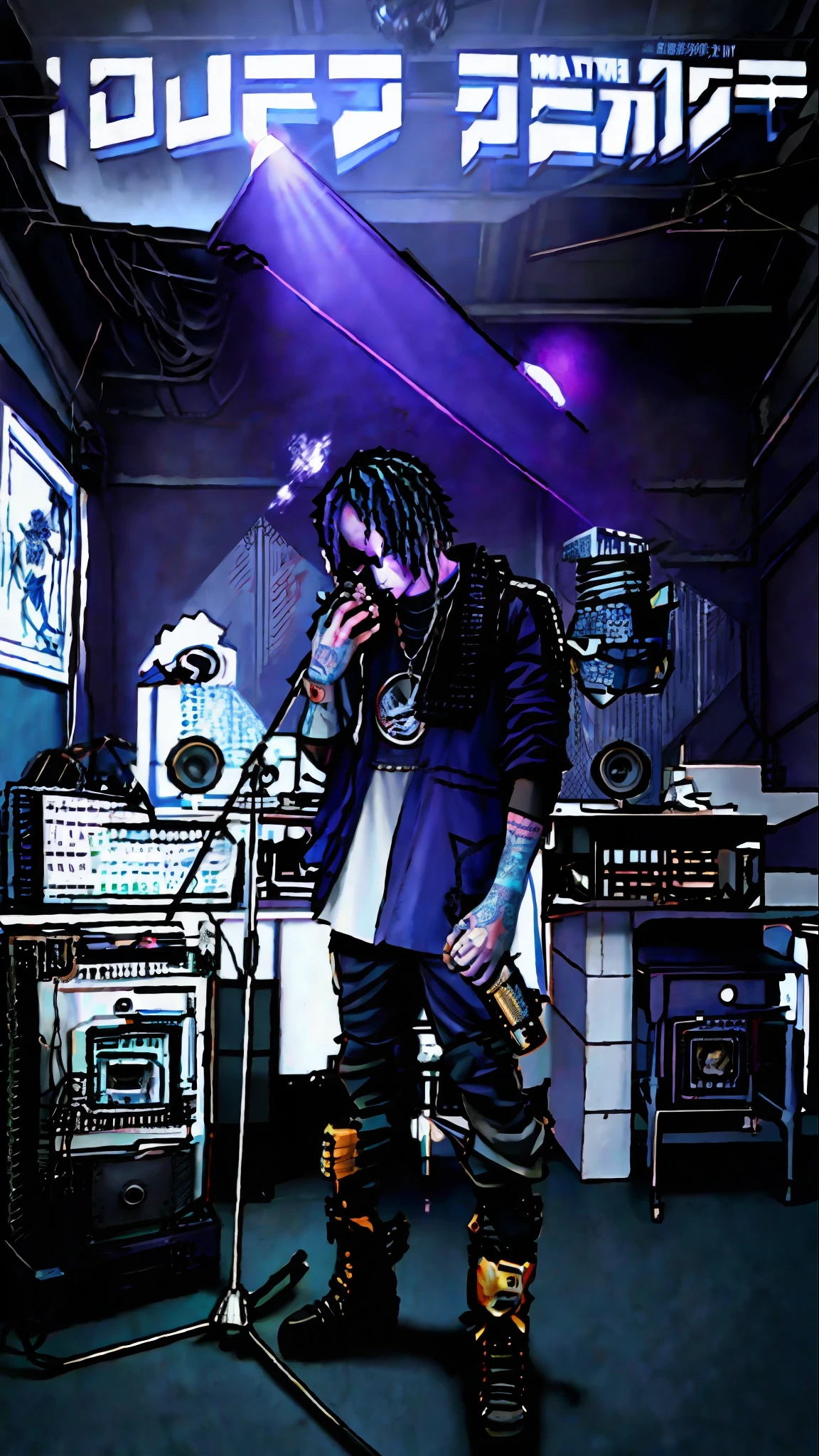 there is a man standing in front of a microphone in a room, in his basement studio, rapping into microphone, performing, saturation 40, sicko, photograph taken in 2 0 2 0, chillhop, in a studio, taken in 2 0 2 0, taken on a 2010s camera, nostalgic vibes, studio lit, dimly lit, blue eyes, badass anime, portrait, global illumination, shadows, octane render, 8k, ultra sharp, metal, intricate, ornaments detailed, perfectly drawn, perfect proportions, cold colors, lil peep, lil pump, xxxtentacion, justin bieber, marshal maters, highly intricate details, realistic light, trending on cgsociety, glowing eyes, facing camera, sicko, trending, ashy, photo from a promo shoot, end of an era, official artwork, promo image, dark walls, steampunk, punk, trapstar, album cover, white man, blue eyes, chains, rings, holding a microphone, lil peep, masked, shinobi, alternate album cover, album cover!, xxxtentacion, album art cover, album art, new album cover, yung lean, music album cover, album cover, rap album cover, colored album art, hardops, arca album cover, an album cover, album artwork, sicko, trending, anime artsyle, dark, darkness, shadows, perfect proportions, beautiful eyes, beautiful face, amazing, masterpiece, high resolution, 8k, 3d, shadows, lights, purple shades, perfectly drawn