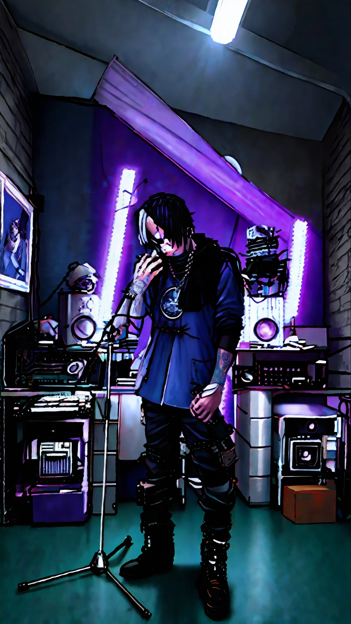 there is a man standing in front of a microphone in a room, in his basement studio, rapping into microphone, performing, saturation 40, sicko, photograph taken in 2 0 2 0, chillhop, in a studio, taken in 2 0 2 0, taken on a 2010s camera, nostalgic vibes, studio lit, dimly lit, blue eyes, badass anime, portrait, global illumination, shadows, octane render, 8k, ultra sharp, metal, intricate, ornaments detailed, perfectly drawn, perfect proportions, cold colors, lil peep, lil pump, xxxtentacion, justin bieber, marshal maters, highly intricate details, realistic light, trending on cgsociety, glowing eyes, facing camera, sicko, trending, ashy, photo from a promo shoot, end of an era, official artwork, promo image, dark walls, steampunk, punk, trapstar, album cover, white man, blue eyes, chains, rings, holding a microphone, lil peep, masked, shinobi, alternate album cover, album cover!, xxxtentacion, album art cover, album art, new album cover, yung lean, music album cover, album cover, rap album cover, colored album art, hardops, arca album cover, an album cover, album artwork, sicko, trending, anime artsyle, dark, darkness, shadows, perfect proportions, beautiful eyes, beautiful face, amazing, masterpiece, high resolution, 8k, 3d, shadows, lights, purple shades, perfectly drawn