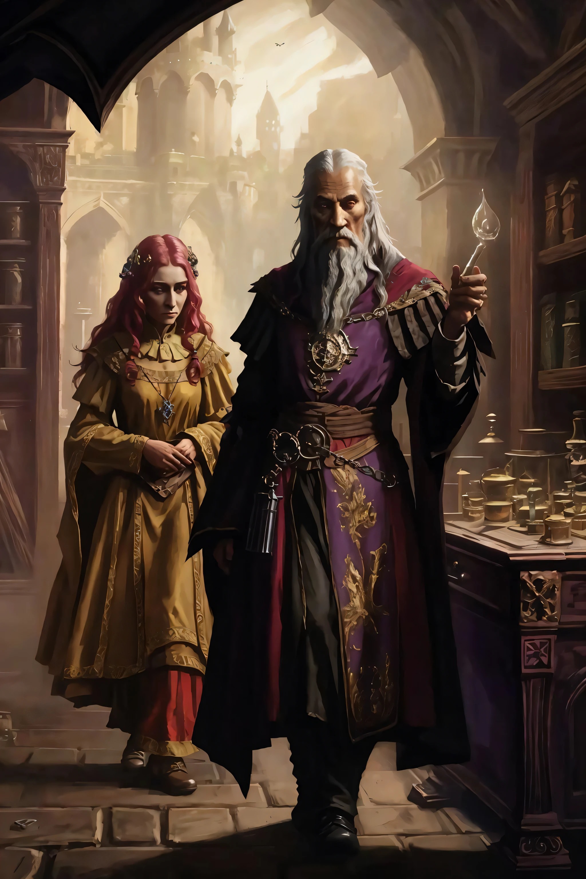 zrpgstyle, medieval portrait fantasy elderly evil wizard glorious elaborate ornate dark robes standing in a detailed luxurious stone castle (apothecary:1.2) Game of Thrones Hogwarts bright morning light from window, (masterpiece:1.2) (best quality) (detailed) (intricate) (8k) (HDR) (wallpaper) (cinematic lighting) (sharp focus)