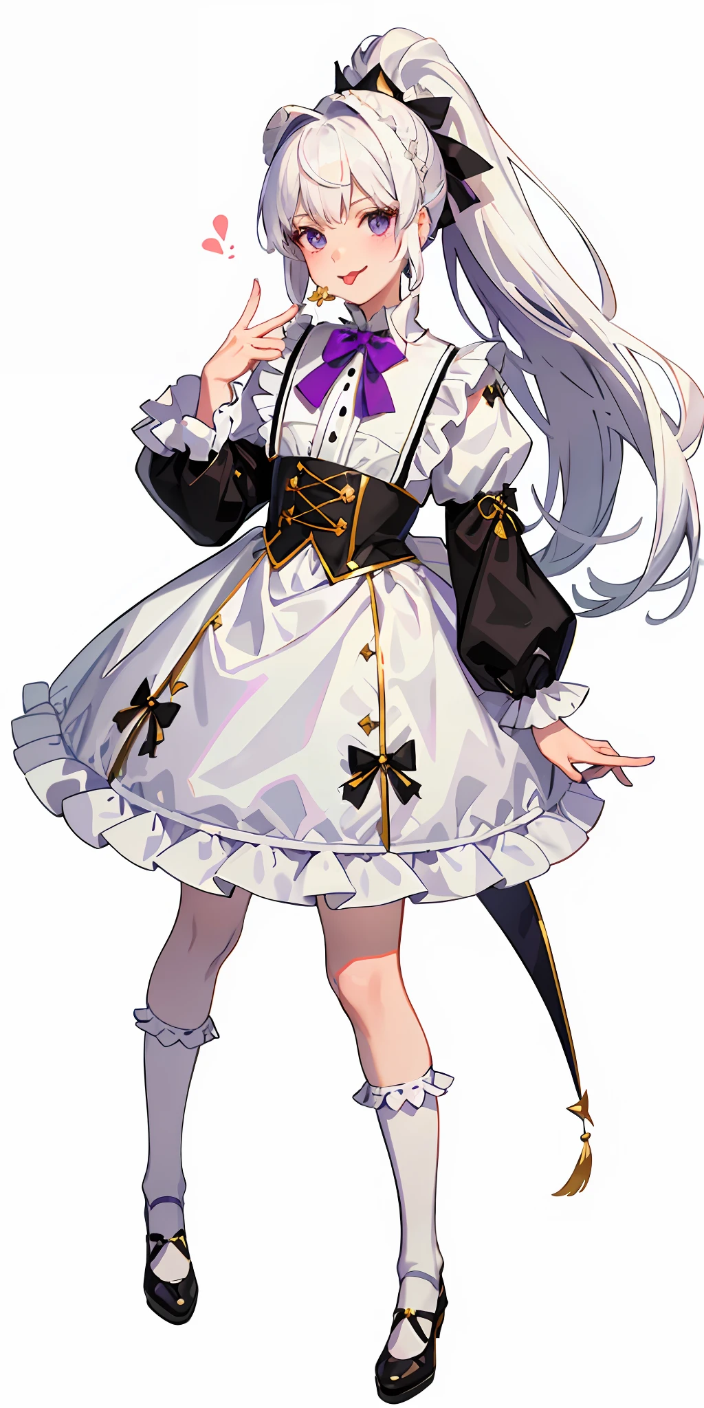 Cross-dressing boy (top quality, masterpiece, white background), white hair, fantasy costume, purple eyes, ruffled blouse, ribbon on neck, sheep horn, ponytail, aristocracy, little devil, (female brat 1.4), (tongue sticking out 1.4), cheeky, knee high socks