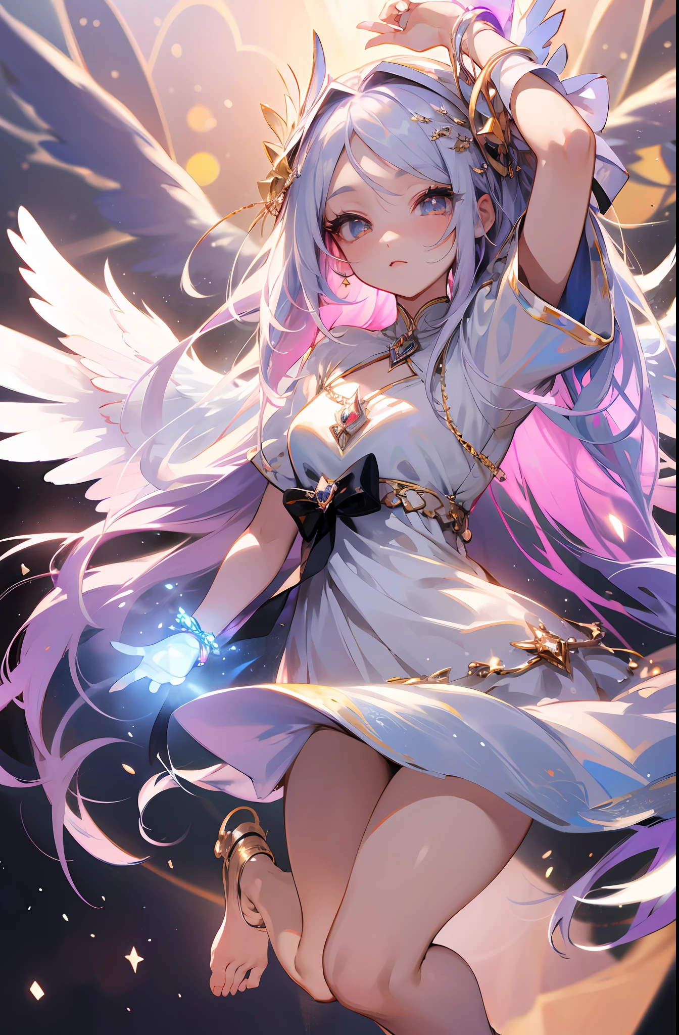 (Chibi: 1.3) (Masterpiece: 1.4), (Best Quality: 1.4), (Very Cute Angel Girl, Super Detailed Face, Jewel-like Eyes, White Very Long Hair, Colorful Gradient Hair: 1.4), (Angel Ring:
1.4), (Angel Wings: 1.4), (Full body, perfect 2 arms, perfect 2 legs: 1.4), Perfect 4 fingers: 1 thumb, light, shine, bokeh, super fine