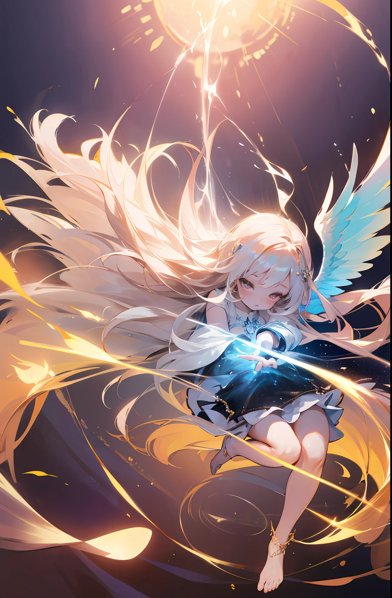 (Chibi: 1.3) (Masterpiece: 1.4), (Best Quality: 1.4), (Very Cute Angel Girl, Super Detailed Face, Jewel-like Eyes, White Very Long Hair, Colorful Gradient Hair: 1.4), (Angel Ring:
1.4), (Angel Wings: 1.4), (Full body, perfect 2 arms, perfect 2 legs: 1.4), Perfect 4 fingers: 1 thumb, light, shine, bokeh, super fine