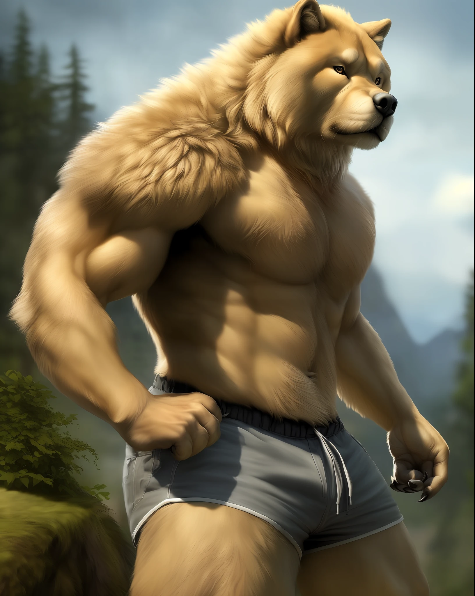 anthro (chow chow), male, adult, muscular, shorts, topless, claws, looking at the viewer, (by the realistic, detailed texture of the fur: 1.2), detailed background, wild background, photorealistic, hyper realistic, ultra detailed,