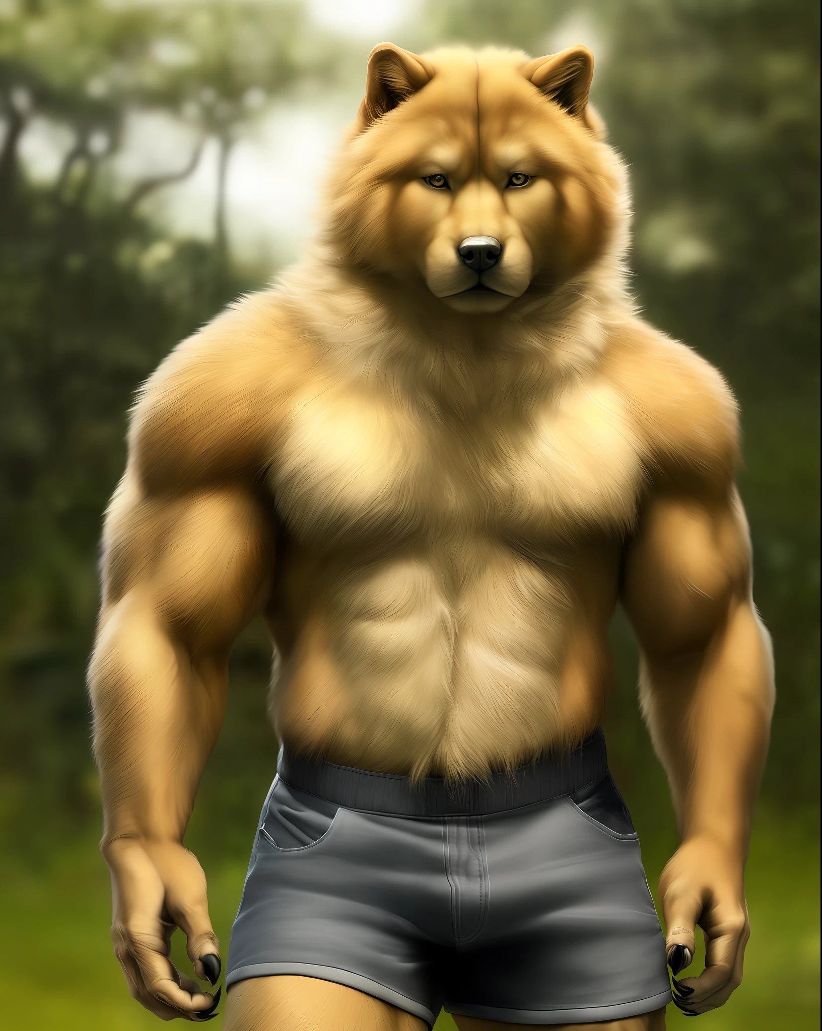 anthro (chow chow), male, adult, muscular, shorts, topless, claws, looking at the viewer, (by the realistic, detailed texture of the fur: 1.2), detailed background, wild background, photorealistic, hyper realistic, ultra detailed,