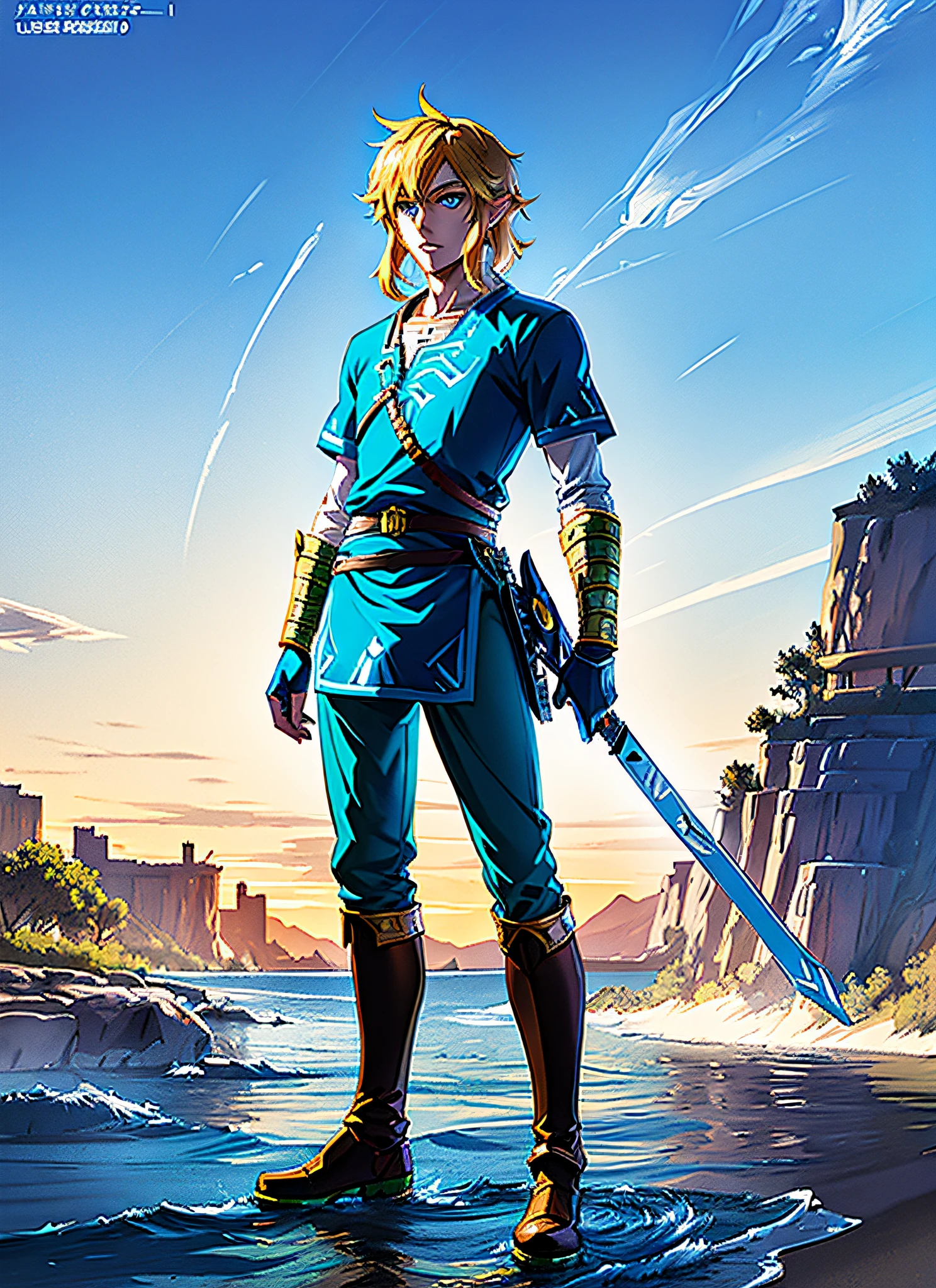 anime character, link from zelda, from legend of zelda, link from the legend of zelda, ezreal (league of legends, advanced digital anime art ”, tall anime guy with blue eyes, okita sougo, male anime character, full body close-up shot, handsome, good looking man, pretty eyes