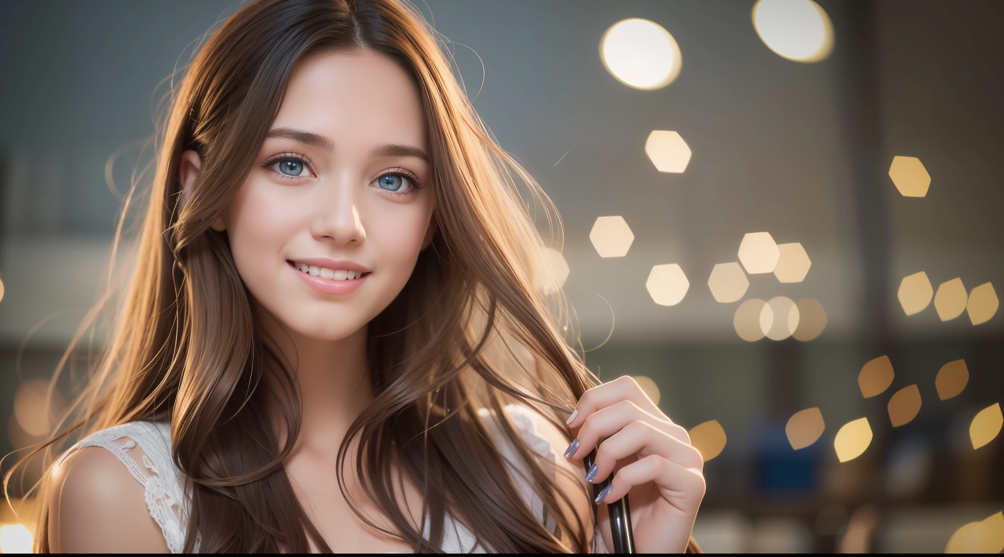 Young woman, long brown hair that falls gently in waves. Big, blue eyes, average height. elegant clothes with touches of creativity and originality, natural skin, clothing details, celebrating, bar, night, with glass of champagne, smiling, happy, showing teeth in smile, 8k texture, highly detailed, realistic, soft cinematic light, HDR, focus sharp, masterpiece, photorealistic, award-winning photography, 35mm,