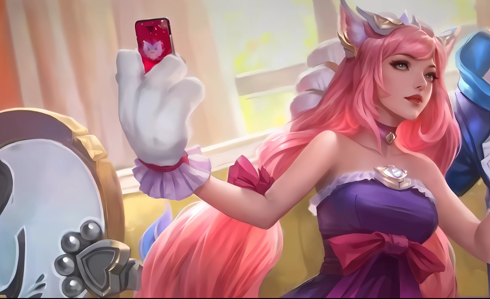 Um close up de um personagem de desenho animado segurando um celular, Seraphine Ahri KDA, Ahri, Extremely Detailed Artgerm, Portrait of Ahri, Miss Fortune League of Legends, Ahri de League of Legends, de League of Legends, Splash Art Anime Loli, Like Artgerm, Style Artgerm, Trending Artgerm, Miss Fortune, Full realist, 4k ,