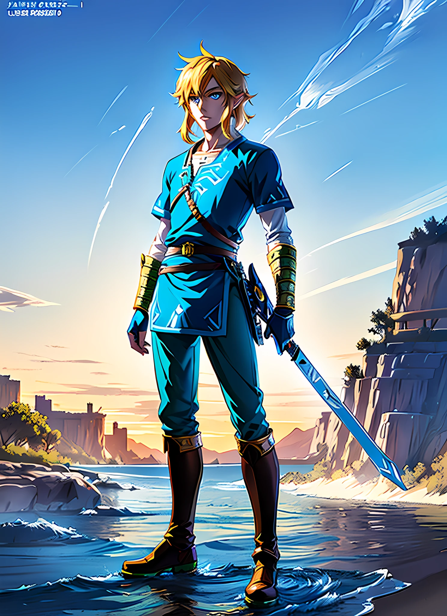 anime character, link from zelda, from legend of zelda, link from the legend of zelda, ezreal (league of legends, advanced digital anime art ”, tall anime guy with blue eyes, okita sougo, male anime character, full body close-up shot, handsome, good looking man, pretty eyes