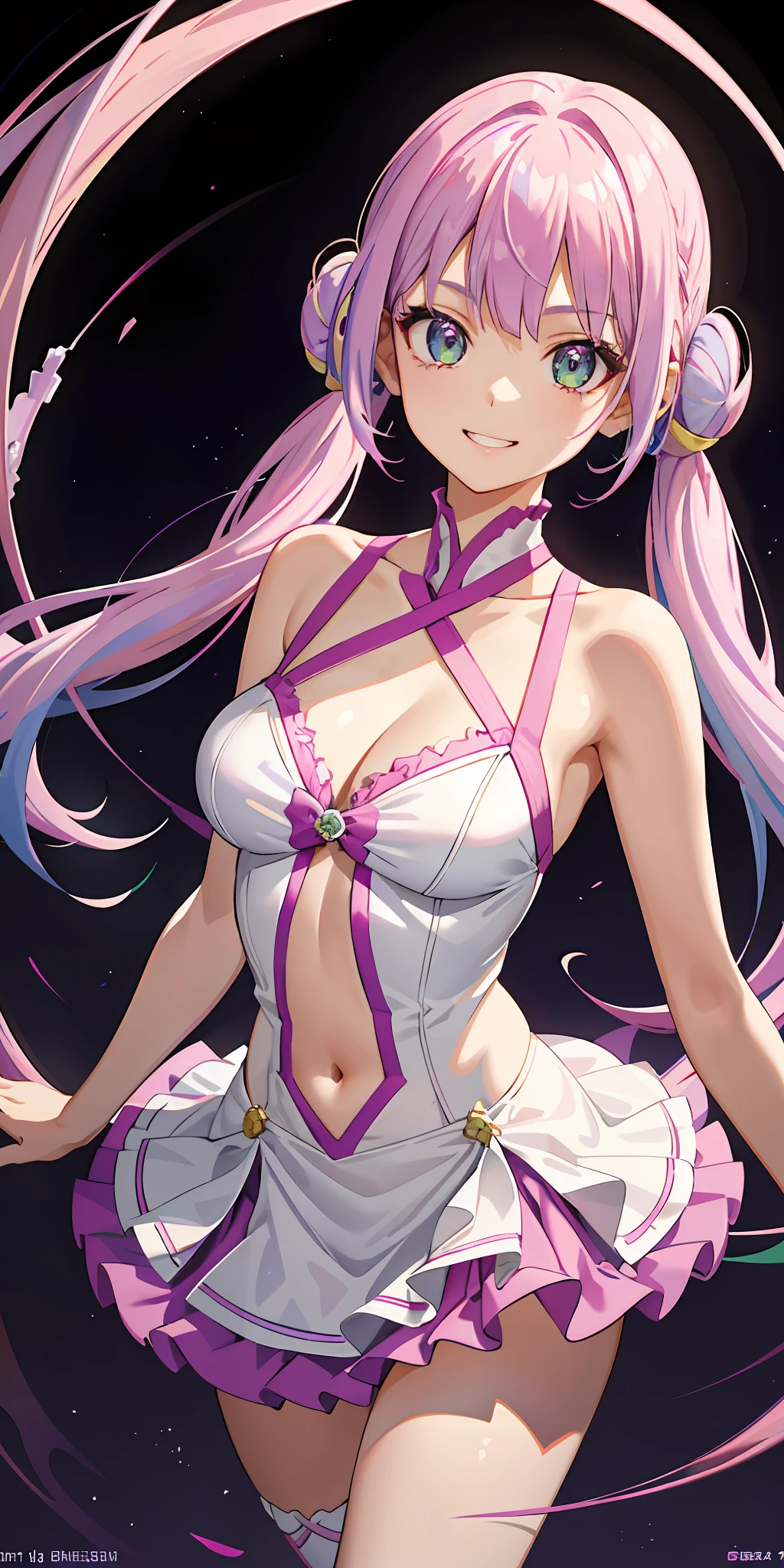 1girl, bright, light purple hair, light purple hair gradient pink hair, pink hair, twin tails, green eyes, double teeth, multicolored hair, saleme, side lights, light particles, wallpaper, plump, idol, swimsuit, loose fluffy, smile, gentle, clear,