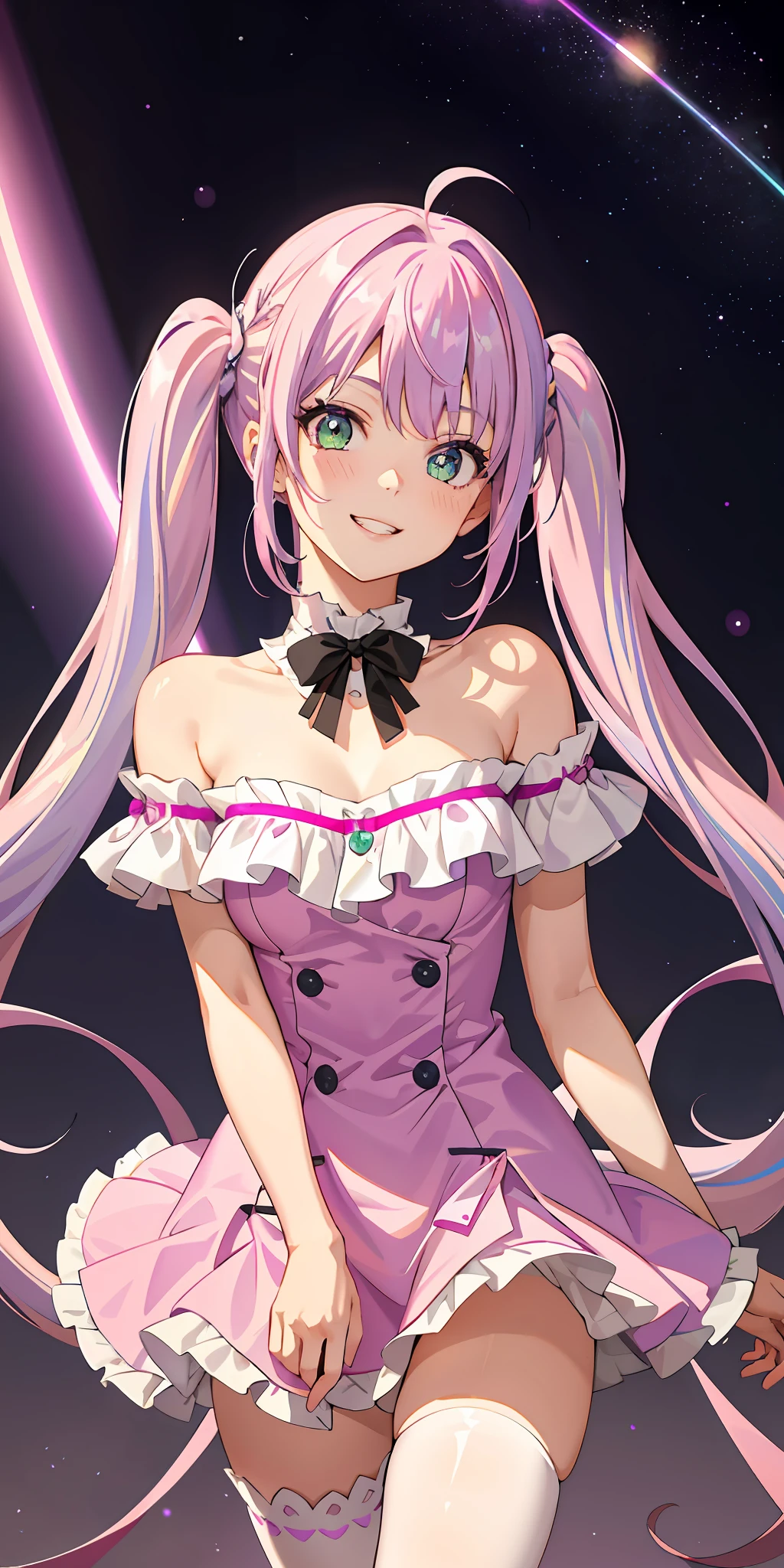 1girl, bright, light purple hair, light purple hair gradient pink hair, pink hair, twin tails, green eyes, double teeth, multicolored hair, saleme, side lights, light particles, wallpaper, plump, idol, swimsuit, loose fluffy, smile, gentle, clear,