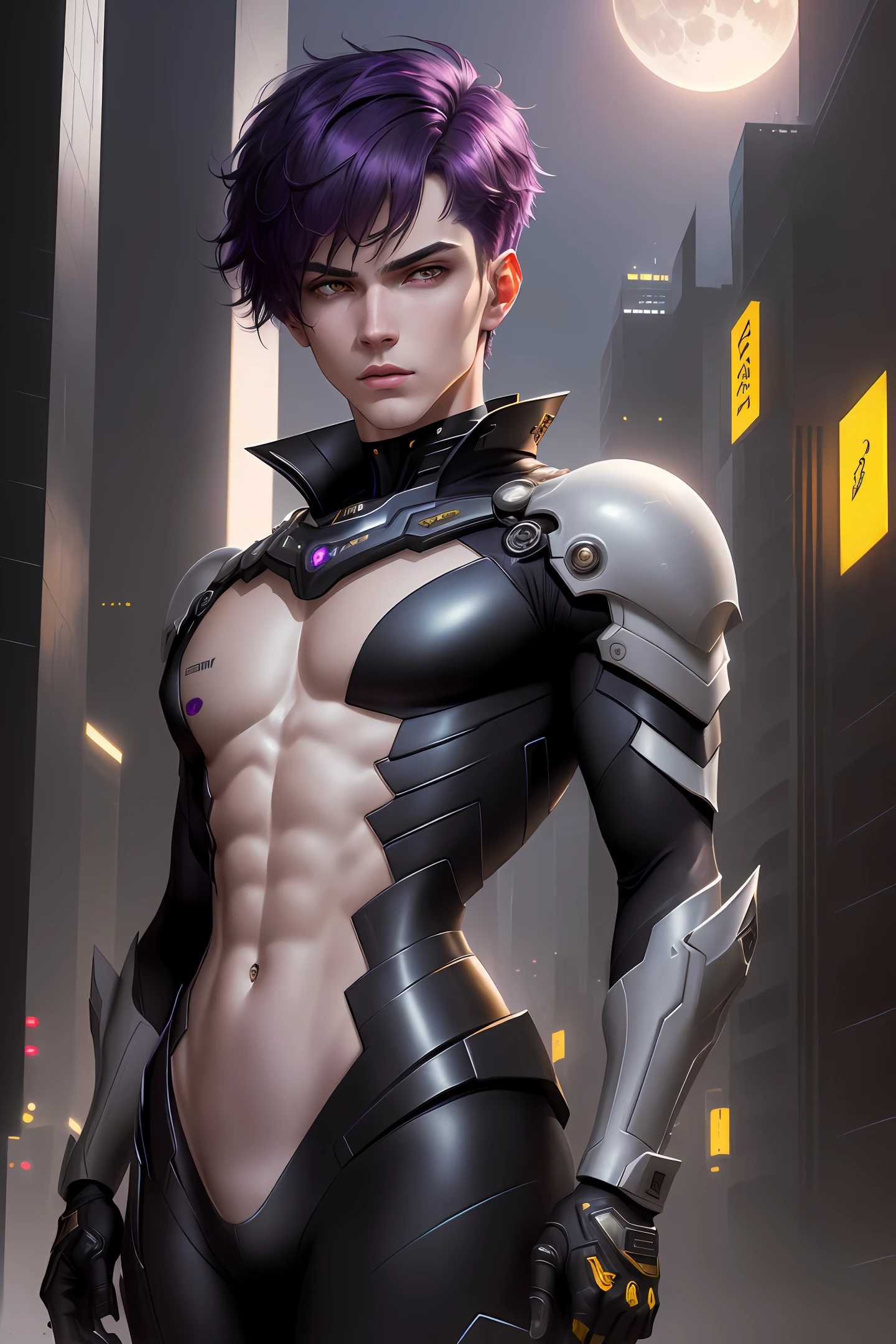 masterpiece, highest quality, (solo focus), (perfect face:1.1), (high detail:1.1),dramatic, 1guy, (pale skin), short purple hair, yellow eyes, solo, short hair with long fringe , moon, night, black luxury suit, covered navel, pouty lips, covered, futuristic city, detailed background, art by artgerm and greg rutkowski, cinematic lighting, roses