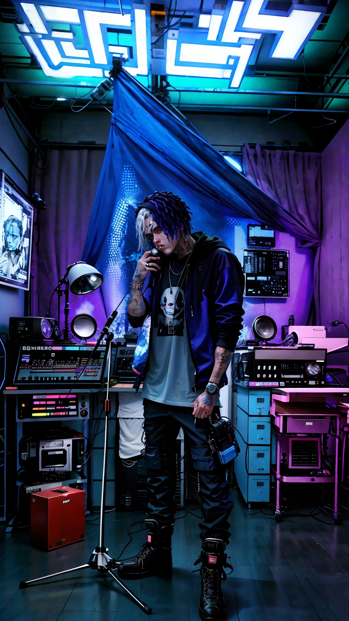 there is a man standing in front of a microphone in a room, in his basement studio, rapping into microphone, performing, saturation 40, sicko, photograph taken in 2 0 2 0, chillhop, in a studio, taken in 2 0 2 0, taken on a 2010s camera, nostalgic vibes, studio lit, dimly lit, blue eyes, badass anime, portrait, global illumination, shadows, octane render, 8k, ultra sharp, metal, intricate, ornaments detailed, perfectly drawn, perfect proportions, cold colors, lil peep, lil pump, xxxtentacion, justin bieber, marshal maters, highly intricate details, realistic light, trending on cgsociety, glowing eyes, facing camera, sicko, trending, ashy, photo from a promo shoot, end of an era, official artwork, promo image, dark walls, steampunk, punk, trapstar, album cover, white man, blue eyes, chains, rings, holding a microphone, lil peep, masked, shinobi, alternate album cover, album cover!, xxxtentacion, album art cover, album art, new album cover, yung lean, music album cover, album cover, rap album cover, colored album art, hardops, arca album cover, an album cover, album artwork, sicko, trending, anime artsyle, dark, darkness, shadows, perfect proportions, beautiful eyes, beautiful face, amazing, masterpiece, high resolution, 8k, 3d, shadows, lights, purple shades, perfectly drawn