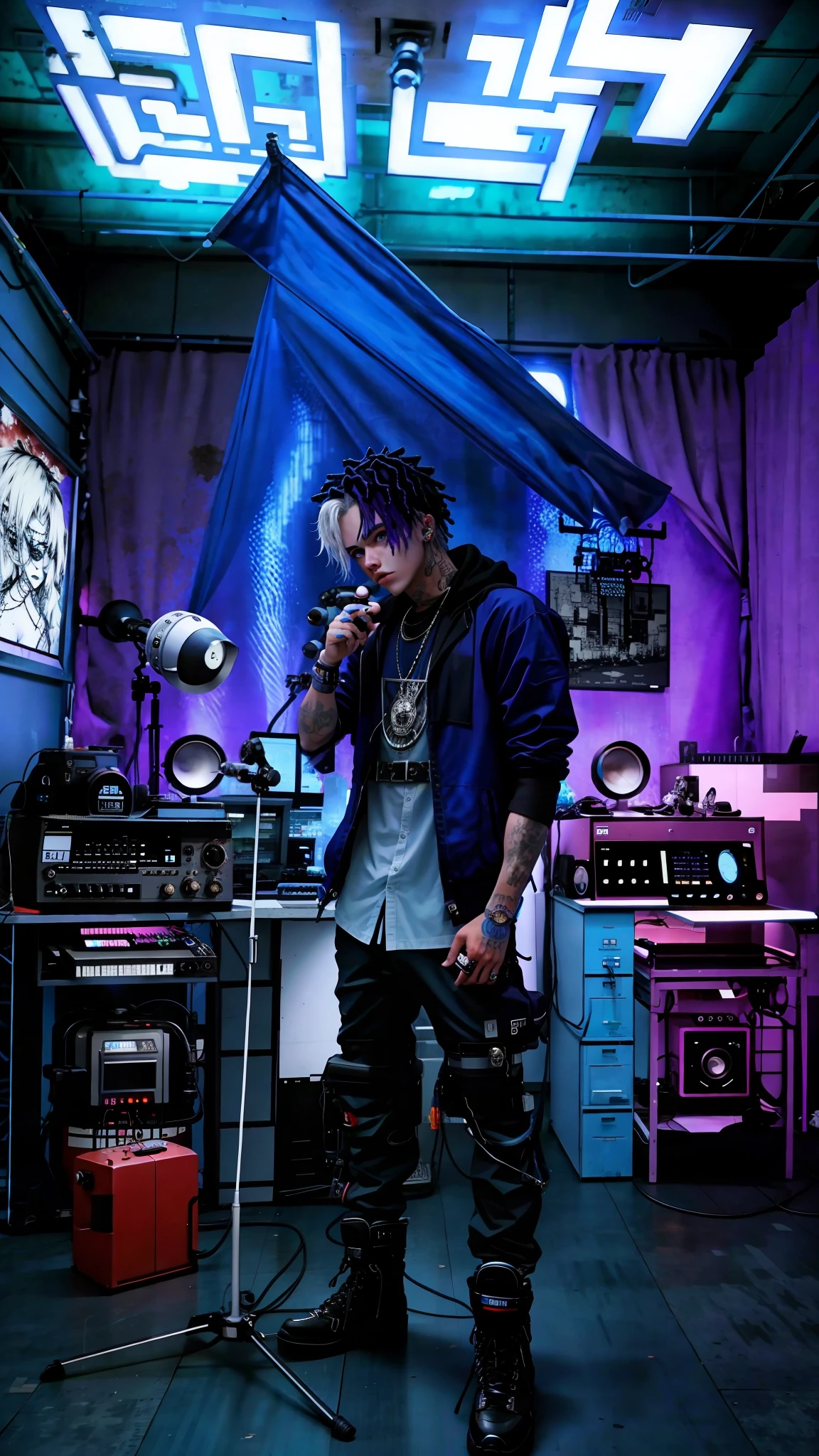 there is a man standing in front of a microphone in a room, in his basement studio, rapping into microphone, performing, saturation 40, sicko, photograph taken in 2 0 2 0, chillhop, in a studio, taken in 2 0 2 0, taken on a 2010s camera, nostalgic vibes, studio lit, dimly lit, blue eyes, badass anime, portrait, global illumination, shadows, octane render, 8k, ultra sharp, metal, intricate, ornaments detailed, perfectly drawn, perfect proportions, cold colors, lil peep, lil pump, xxxtentacion, justin bieber, marshal maters, highly intricate details, realistic light, trending on cgsociety, glowing eyes, facing camera, sicko, trending, ashy, photo from a promo shoot, end of an era, official artwork, promo image, dark walls, steampunk, punk, trapstar, album cover, white man, blue eyes, chains, rings, holding a microphone, lil peep, masked, shinobi, alternate album cover, album cover!, xxxtentacion, album art cover, album art, new album cover, yung lean, music album cover, album cover, rap album cover, colored album art, hardops, arca album cover, an album cover, album artwork, sicko, trending, anime artsyle, dark, darkness, shadows, perfect proportions, beautiful eyes, beautiful face, amazing, masterpiece, high resolution, 8k, 3d, shadows, lights, purple shades, perfectly drawn