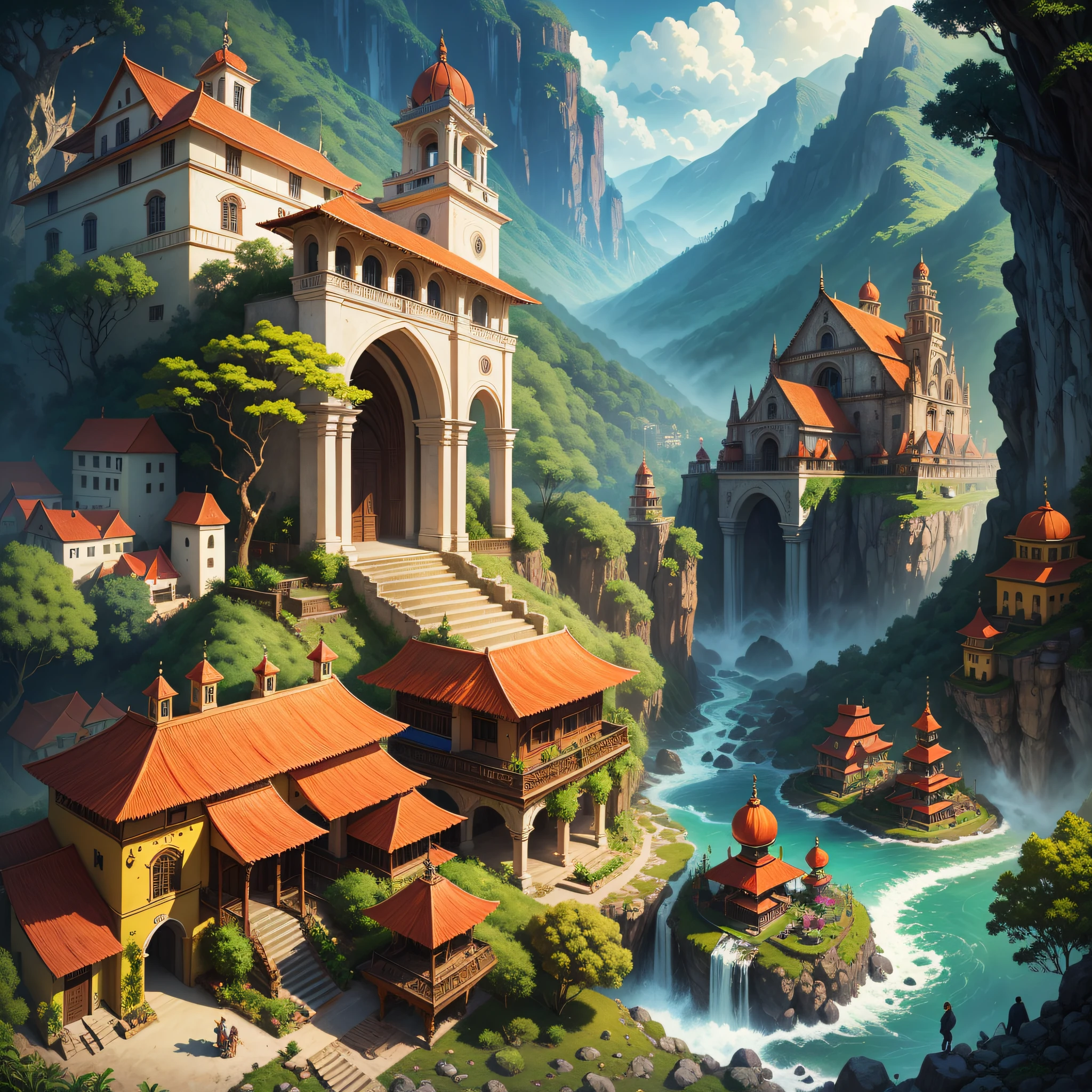 An extraordinary depiction of a fantasy realm infused with Colombian influences, where imagination takes flight amidst breathtaking landscapes. The kingdom is nestled among towering mountains, with cascading waterfalls and lush forests that teem with exotic flora and fauna. The architecture reflects the diversity of Colombian regions, blending elements of indigenous cultures with Spanish colonial influences. Colorful marketplaces bustle with vendors selling vibrant textiles, intricate crafts, and exotic fruits. Folkloric characters from Colombian myths and legends come to life, adding an air of magic and mystery to the scene. The atmosphere is one of wonder and discovery. This image is executed as a highly detailed painting, capturing the intricacies of the landscape, architecture, and mythical creatures, while infusing them with the vivid colors that define Colombian art. --ar 16:9 --v 5