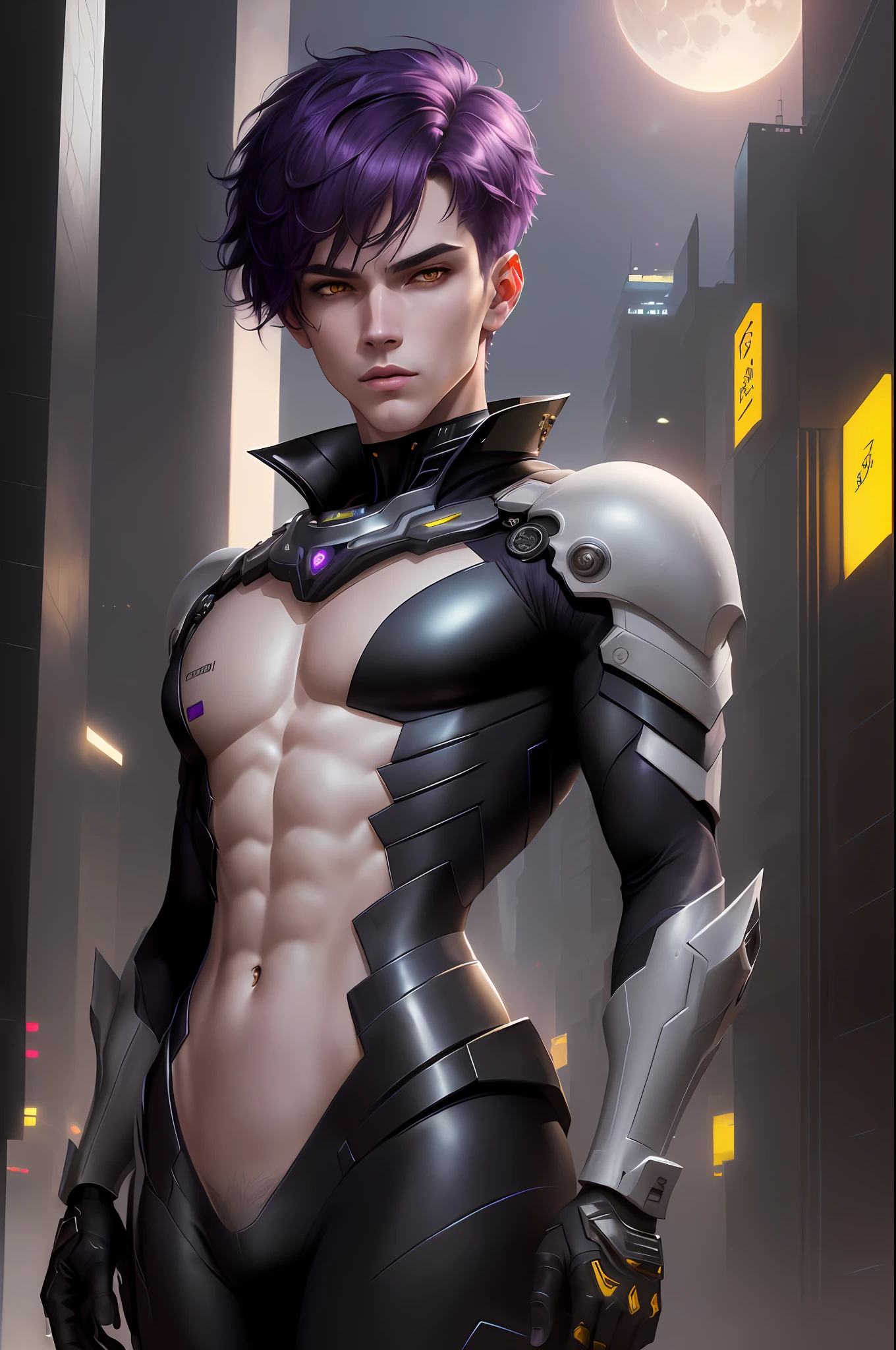 masterpiece, highest quality, (solo focus), (perfect face:1.1), (high detail:1.1),dramatic, 1guy, (pale skin), short purple hair, yellow eyes, solo, short hair with long fringe , moon, night, black luxury suit, covered navel, pouty lips, covered, futuristic city, detailed background, art by artgerm and greg rutkowski, cinematic lighting, roses