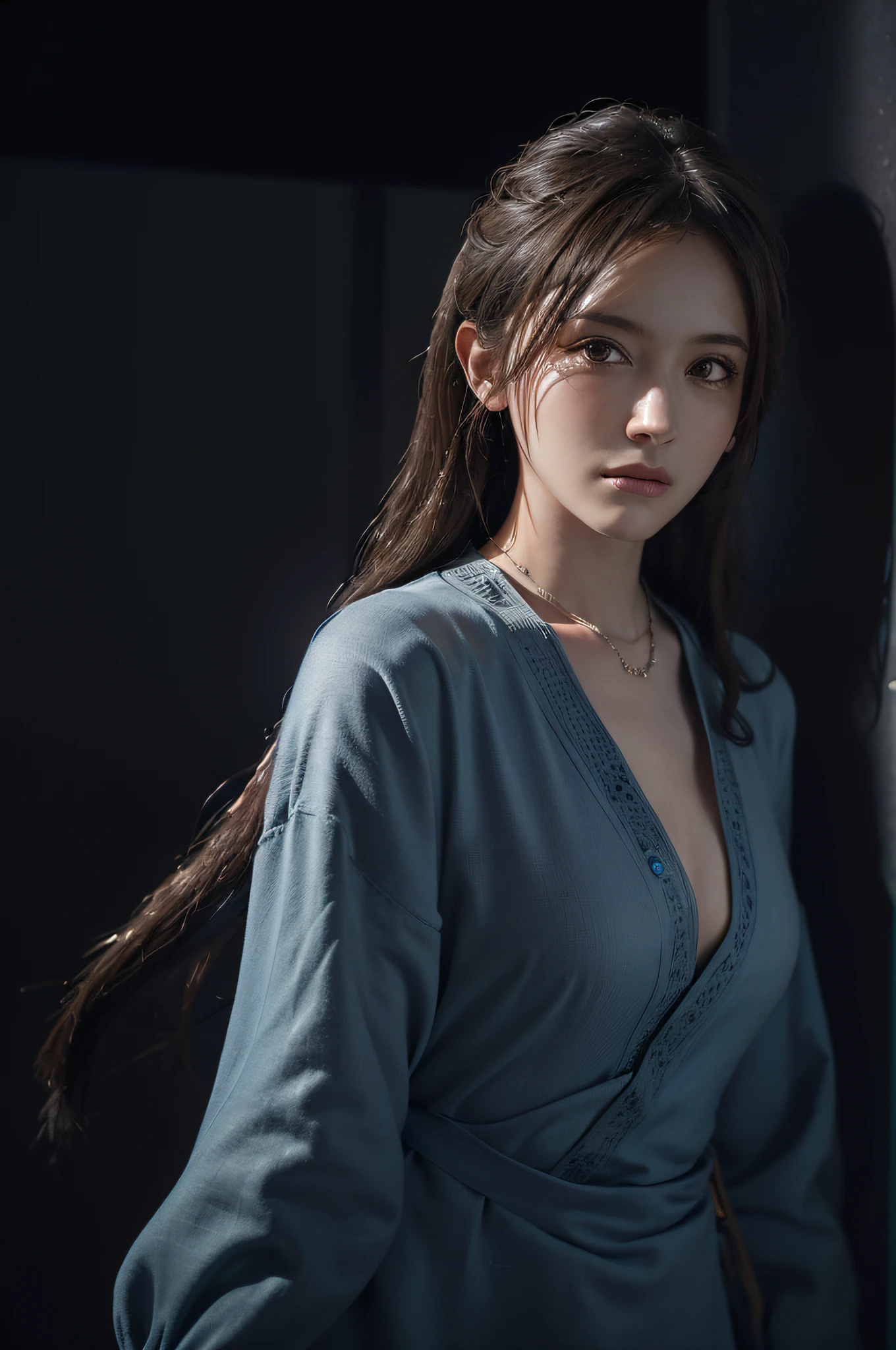 (front focus), (in the dark:1.6), Hyperrealist portrait of female by david hockney and alphonse mucha, fantasy art, photo realistic, dynamic lighting, artstation, poster, volumetric lighting, very detailed faces, 4 k, award winning, 1girl, in the dark, deep shadow, low key, cowboy shot, (official clothing:1.4), long hair, white hair