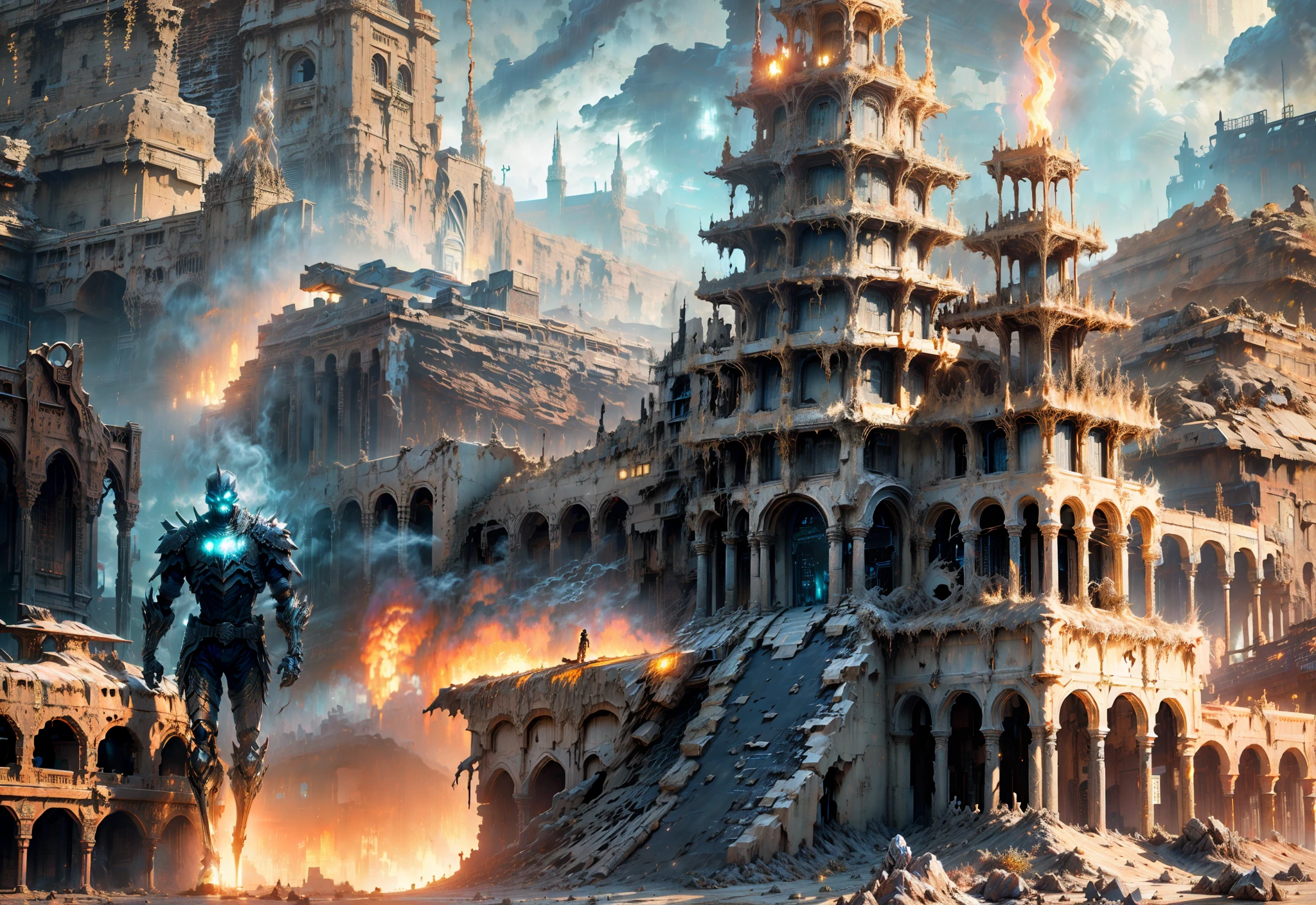 Fantasy realism, apocalyptic ghost rider in a desert ruin, photoshot from below, metal skull, cyber plate armor, (dark atmosphere:1.2), (fog & smoke), (dark night:1.3), scars, (dark medium length disheveled hair:1.1), (eyeshadow:1.1), (beautifully detailed glow:1.2), (Cinematic lighting), intricate detail, highres, sharp focus, smooth, aesthetic, detailed bright desert background,