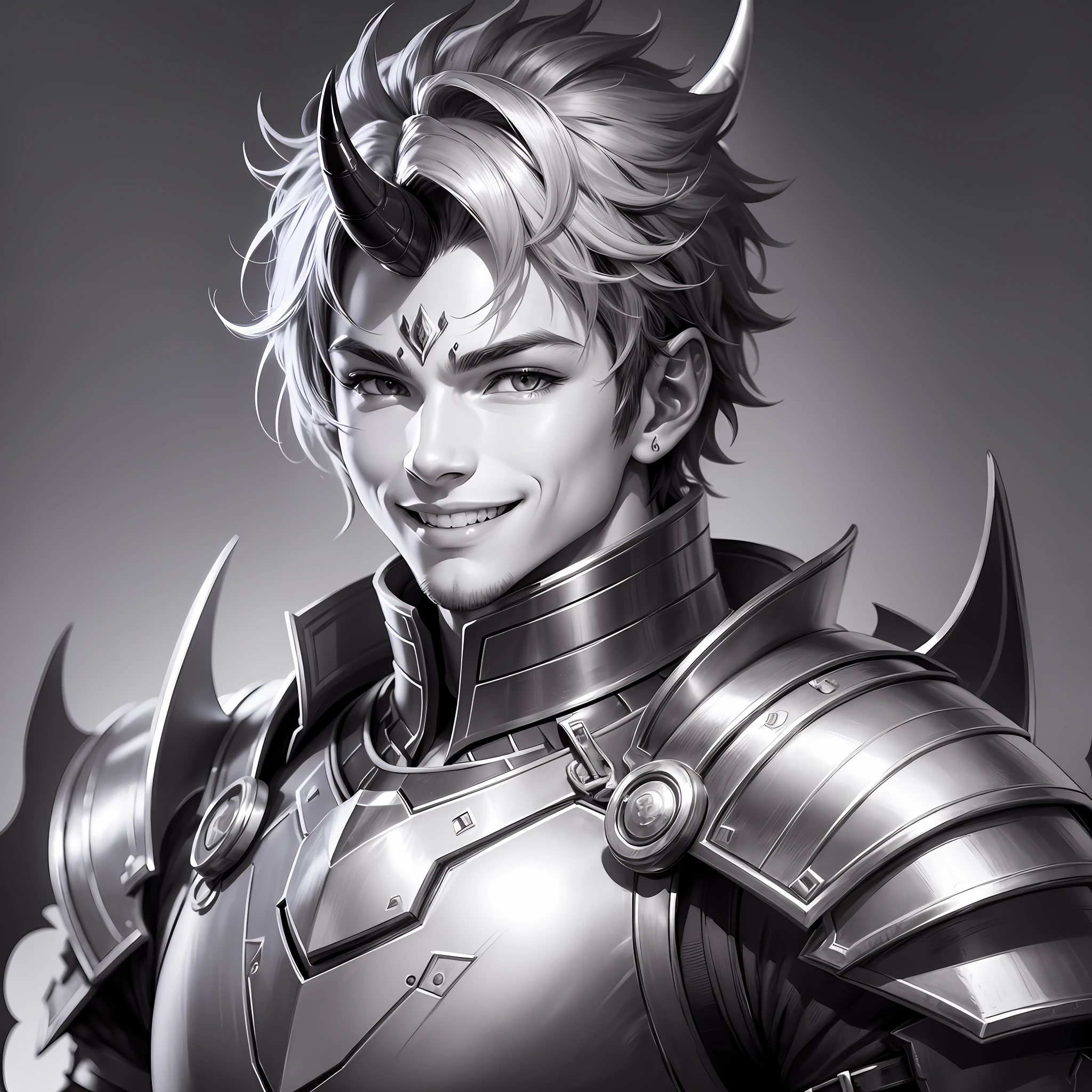 monochrome, lineart, draconic boy, masterpiece, best quality, 1boy, smiling mouth, horn, Looking at the viewer, silver armor, short black hair, Simple background, solo, upper body --auto --s2